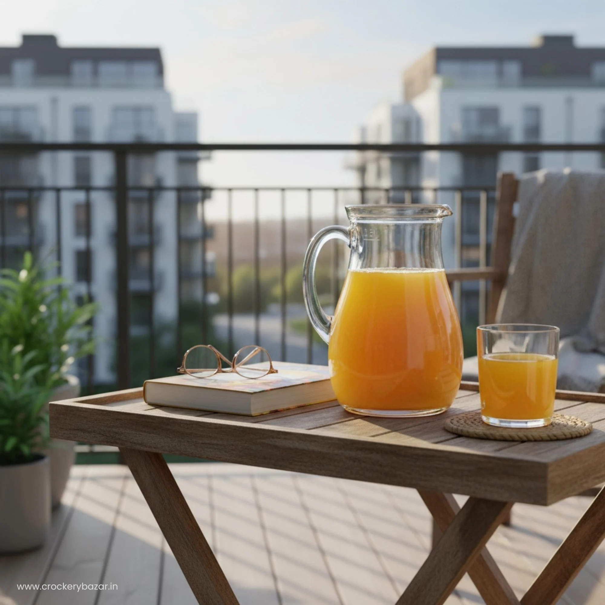 Borgonovo 500ml glass jug filled with orange juice placed on balcony table with glass and book