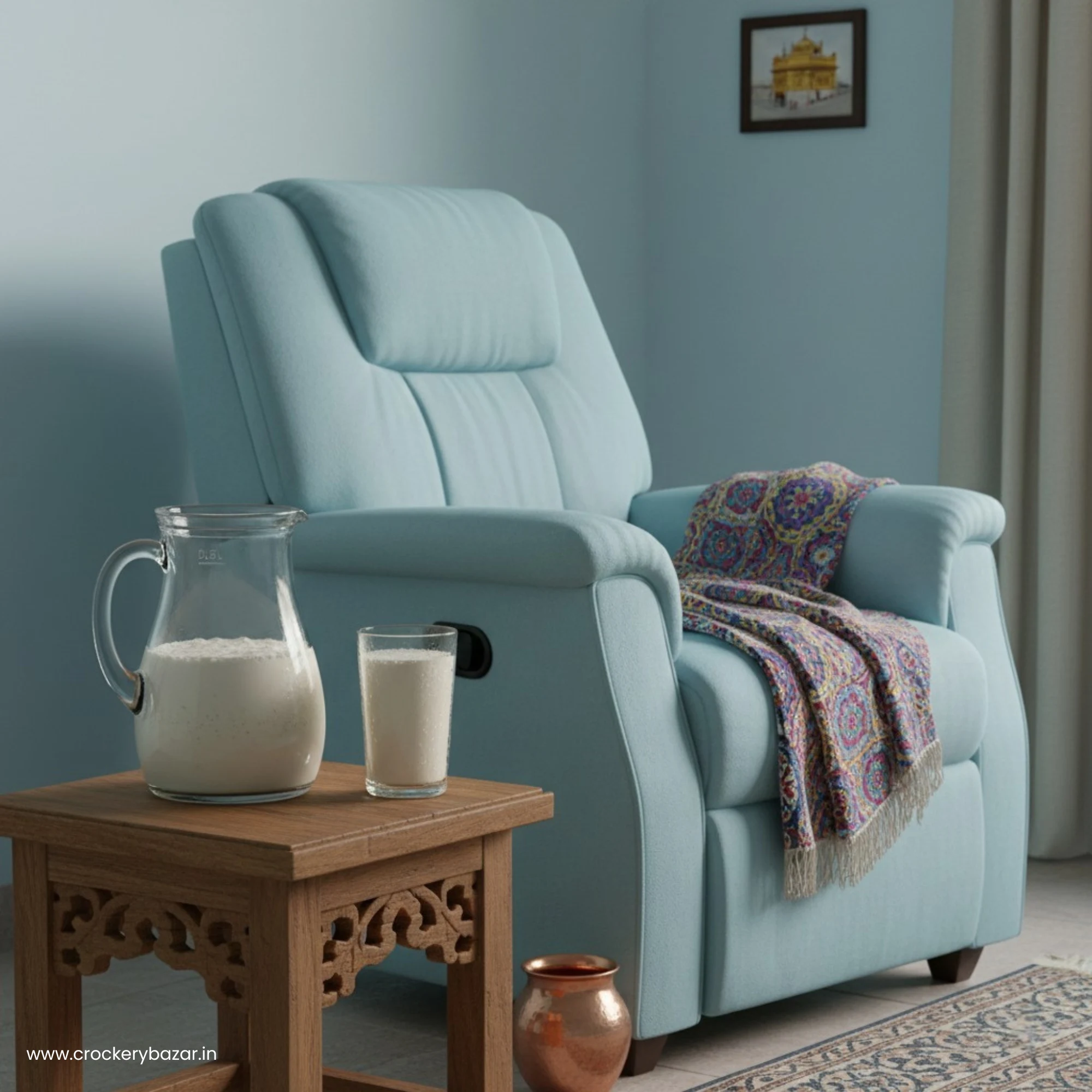 Borgonovo roxy 500ml glass jug filled with milk placed beside sofa for home serving.