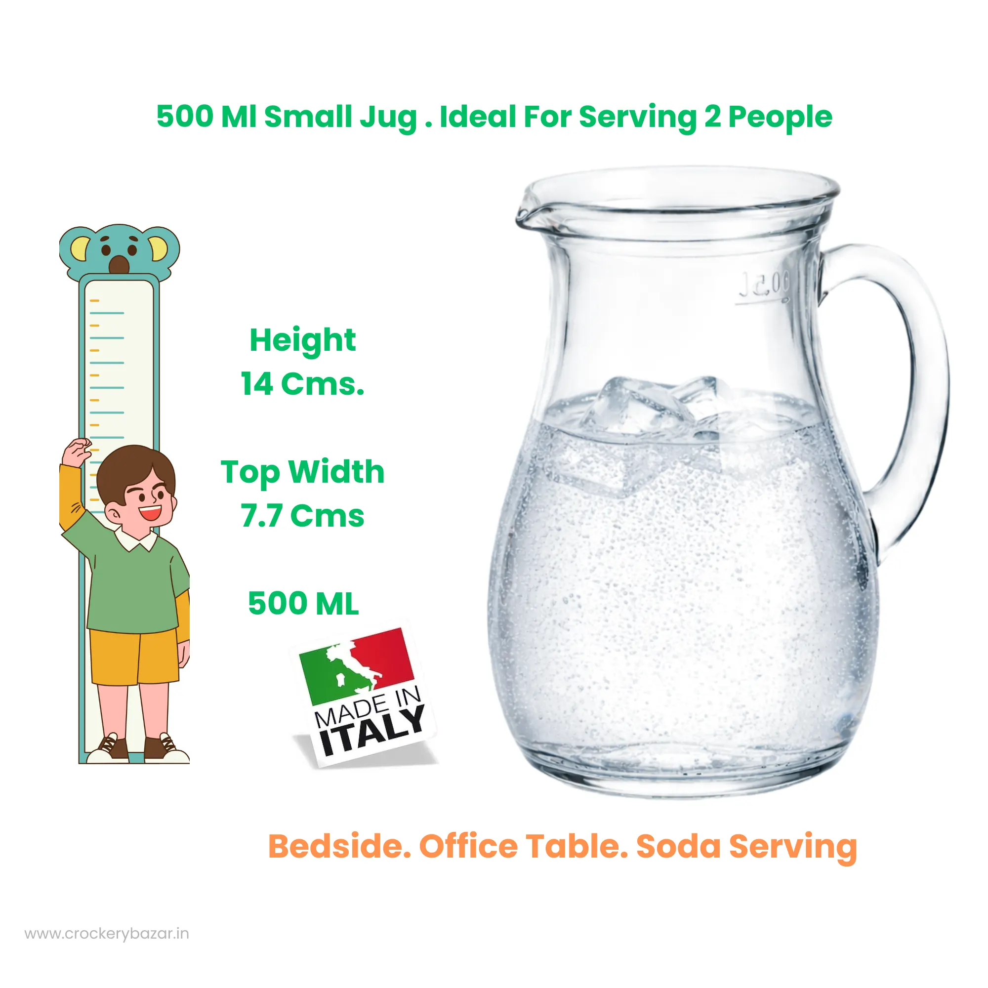 Borgonovo 500ml glass jug made in Italy showing height 14 cm and 7.7 cm top mouth