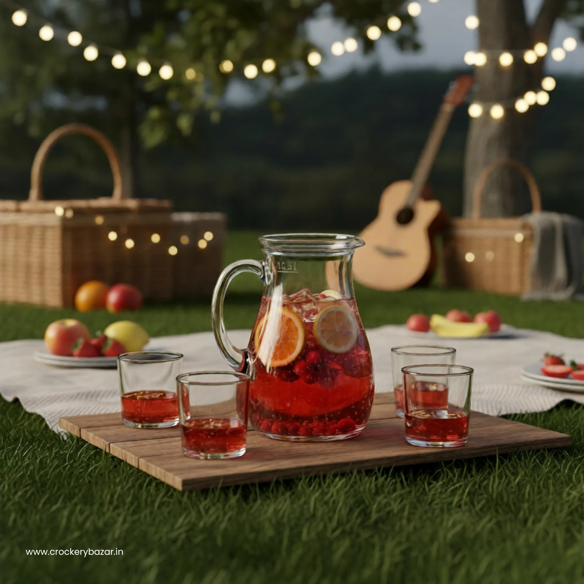 Borgonovo 500ml glass jug serving fruit infused drink at outdoor picnic with glasses