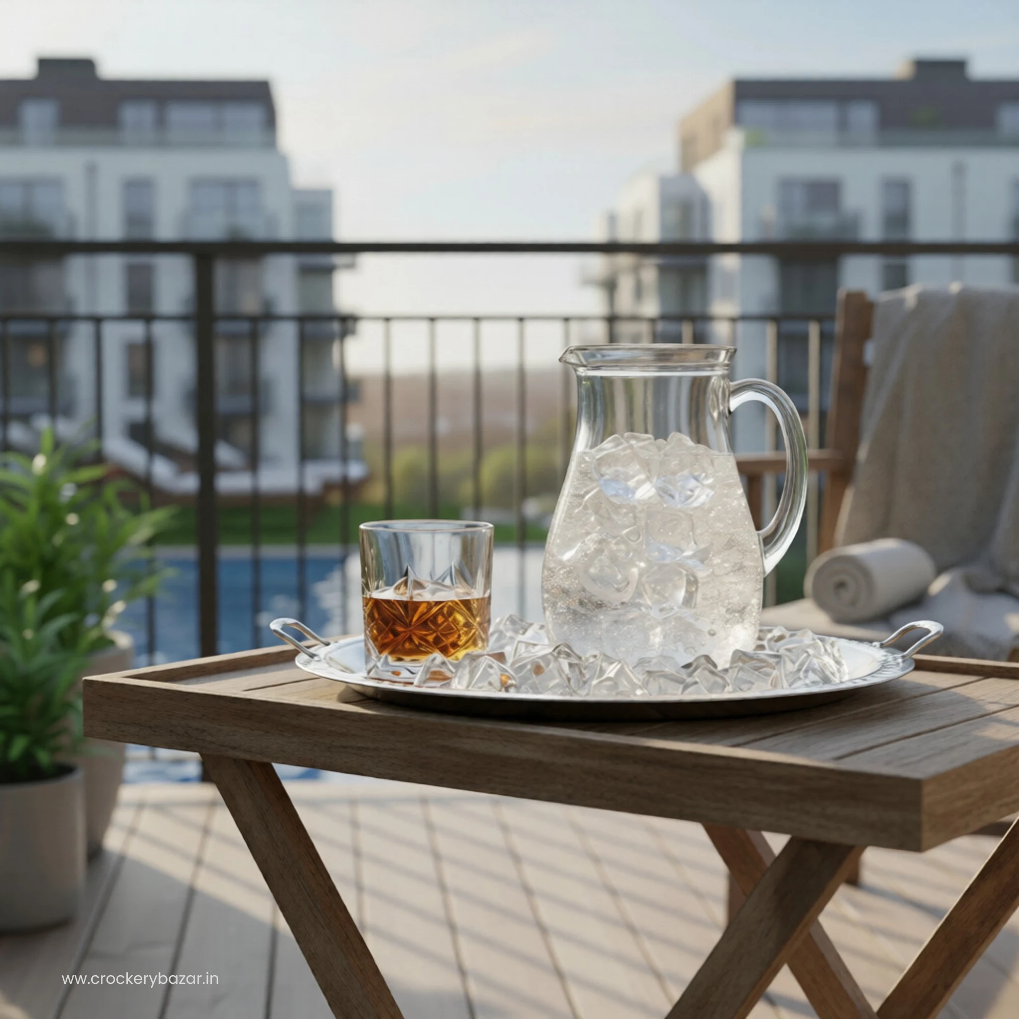 Borgonovo 500ml glass jug with soda and ice served on balcony table with glass