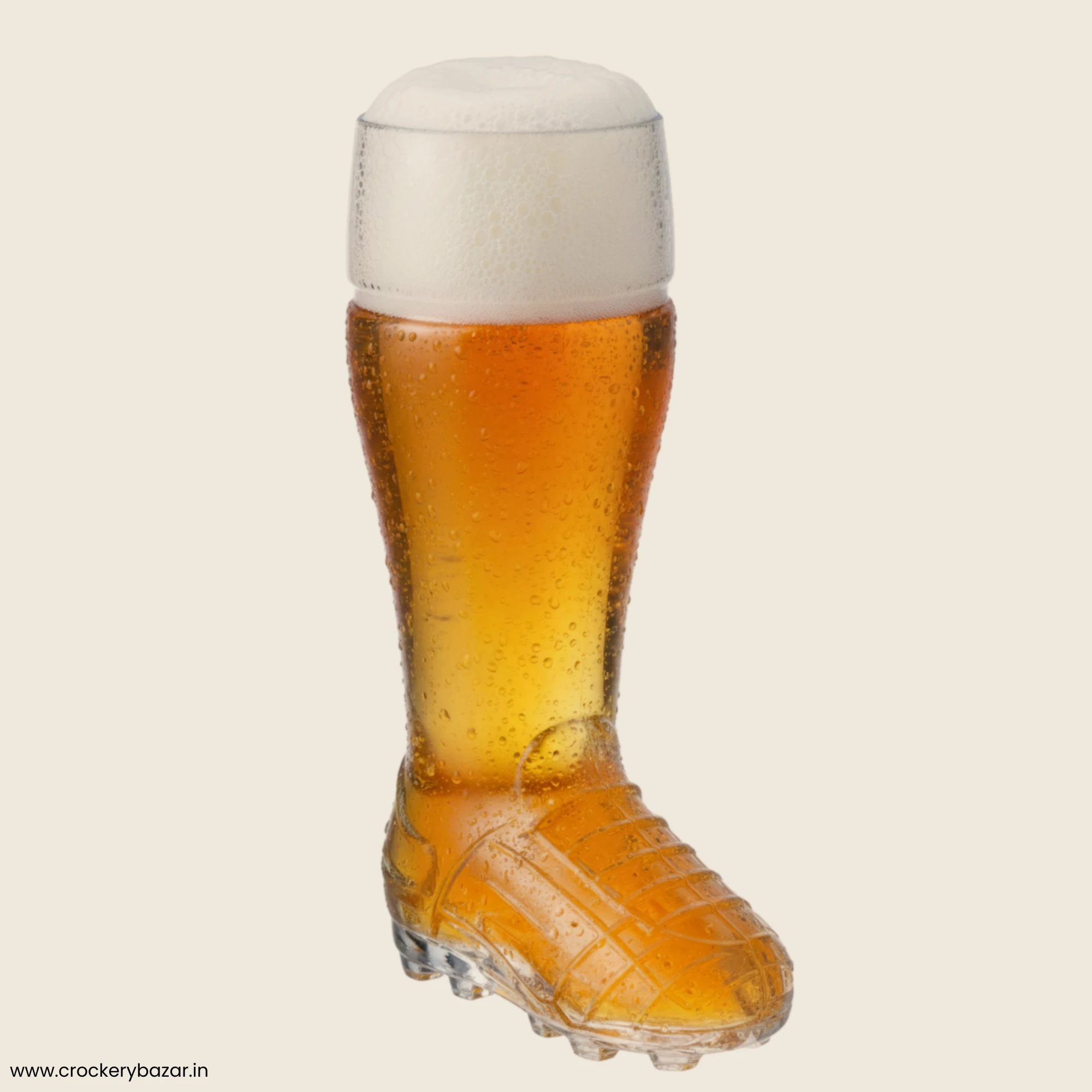 Single Borgonovo boot shaped beer glass filled with lager and thick foam, 300ml Italian glass.
