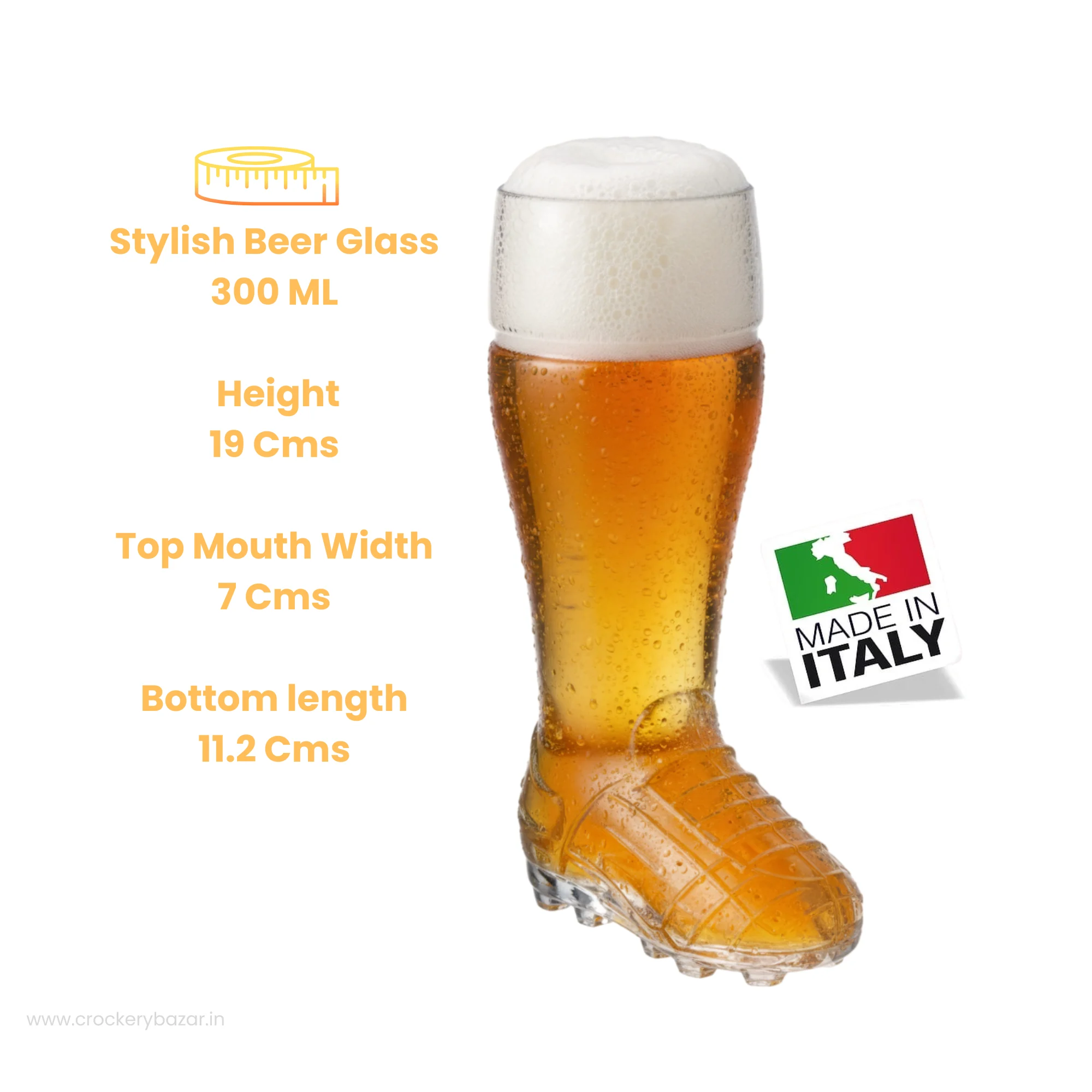 Dimensions for Borgonovo Boot Glass: 19cm height, 7cm mouth width, 11.2cm base length.