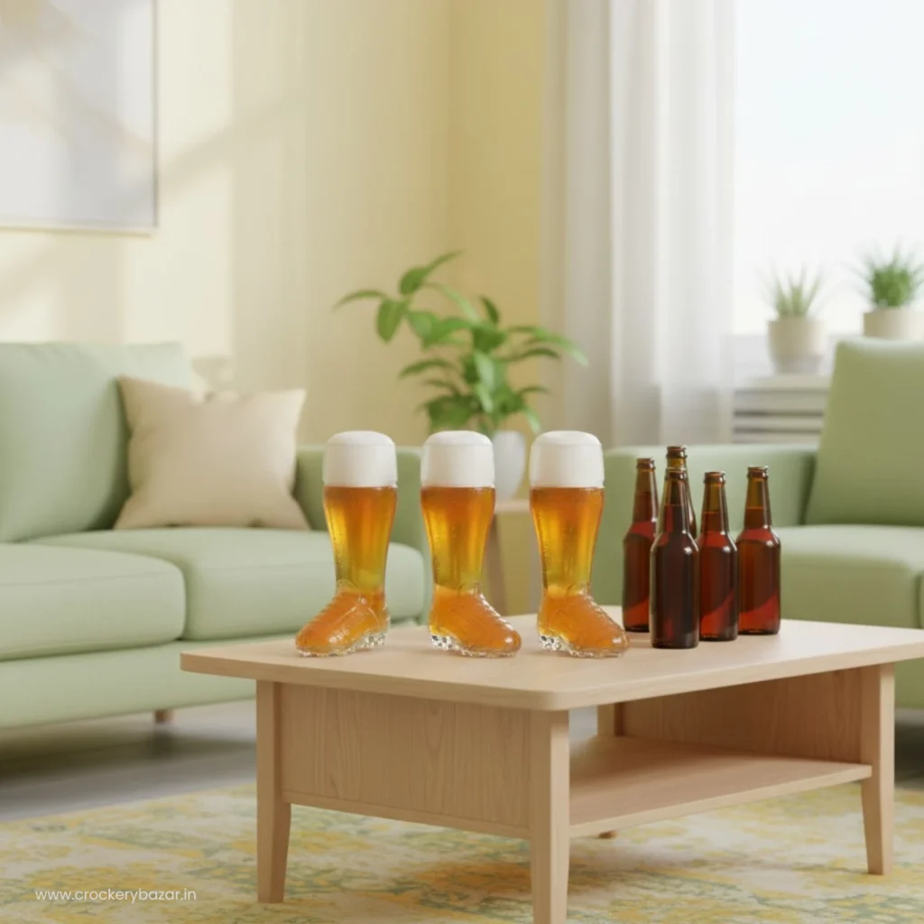 Three Borgonovo boot beer glasses on a living room coffee table next to beer bottles.