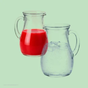 Clear transparent glass pitcher jug filled with water and red juice, featuring ergonomic handle and pouring spout