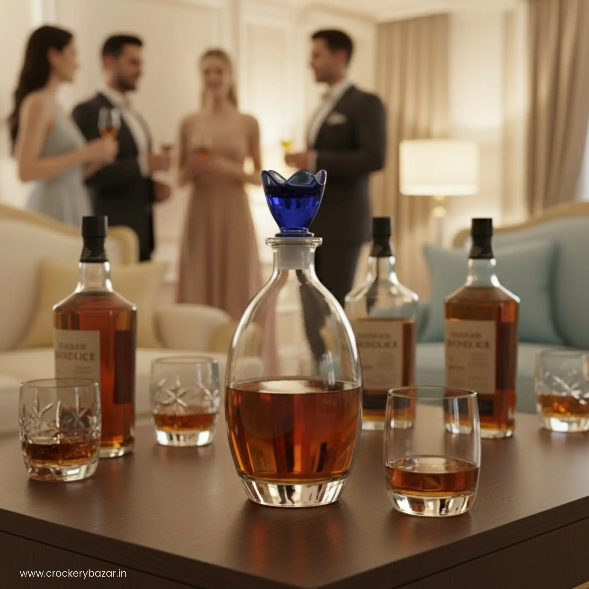 Bormioli Rocco Bouquet 780ml decanter with blue flower lid at a formal party gathering, surrounded by whiskey bottles and glasses.