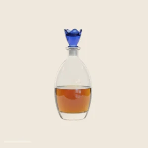 Bormioli Rocco Bouquet 780ml glass decanter for whiskey and vodka featuring an exclusive teardrop shape and blue flower designer lid.