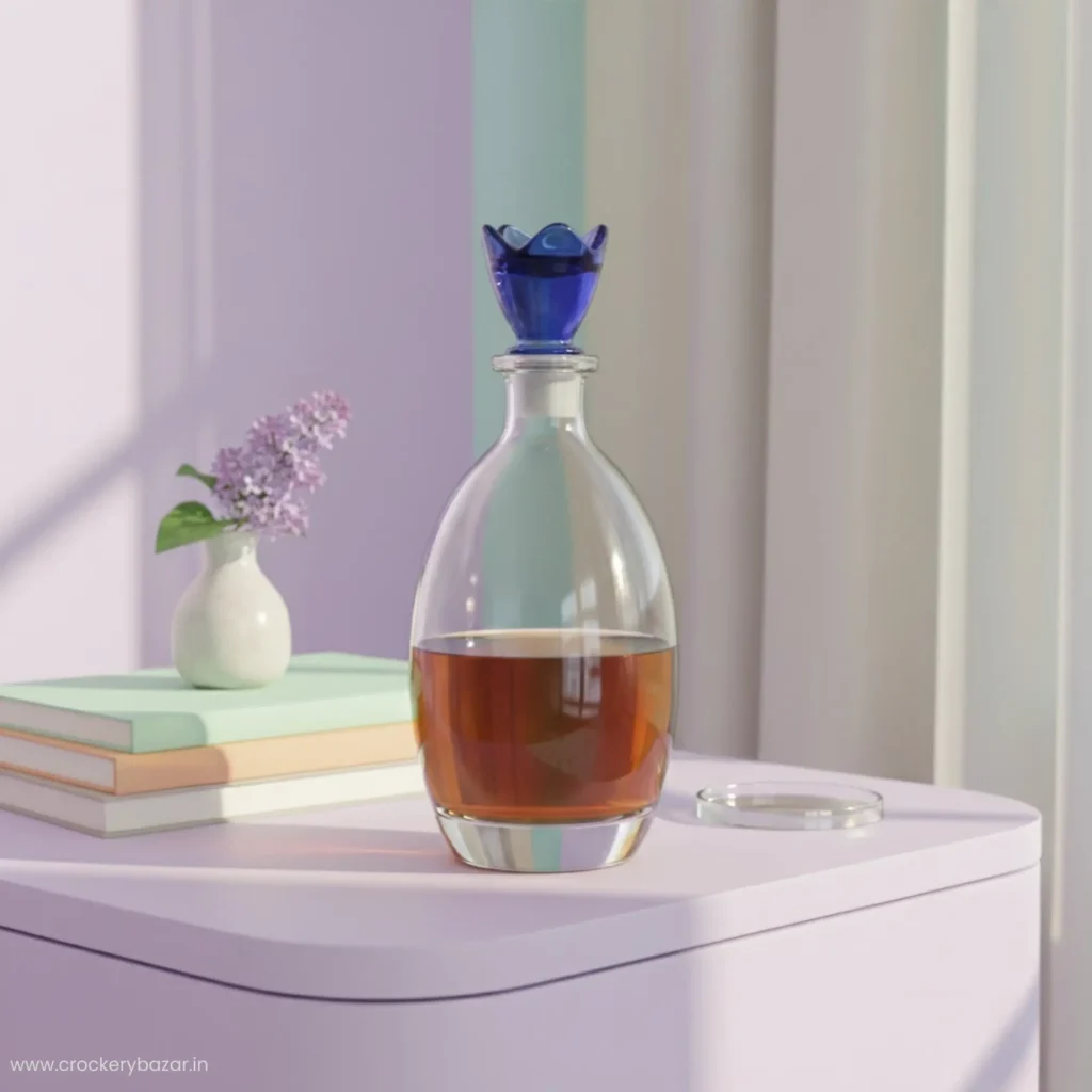 Bormioli Rocco Bouquet Decanter 780ml with an exclusive cobalt blue flower glass lid displayed on a lavender bedside table next to a small white vase.