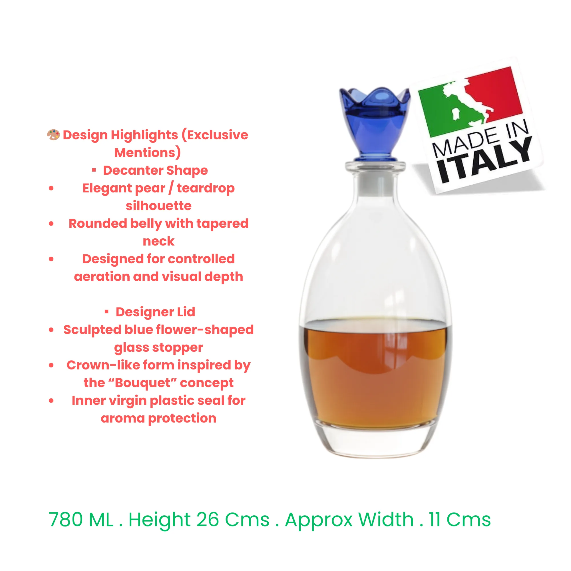 Technical chart for the Bormioli Rocco Bouquet Decanter highlighting the 26 cms height, 11 cms width, and teardrop silhouette and cobalt lid