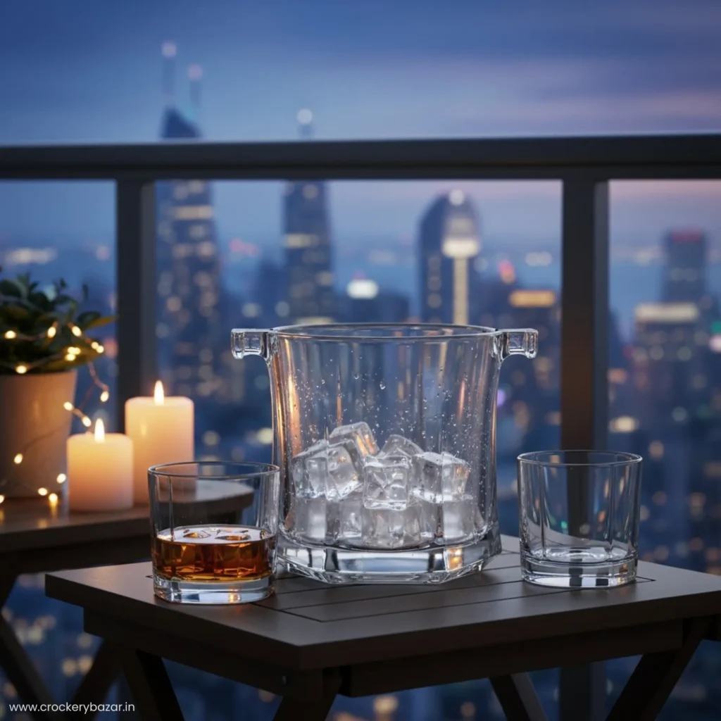 Bormioli Rocco Capitol Glass Ice Bucket at night on a balcony table with candles and a city skyline background.