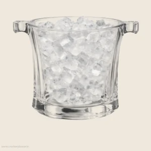 Bormioli Rocco Capitol Glass Ice Bucket filled with ice, showing clear Italian glass and side hinges.