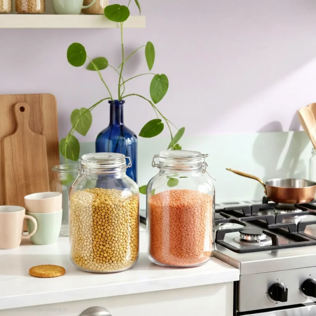 Two large Bormioli Rocco Fido 5L round glass jars filled with yellow and red lentils on a modern white kitchen counter.