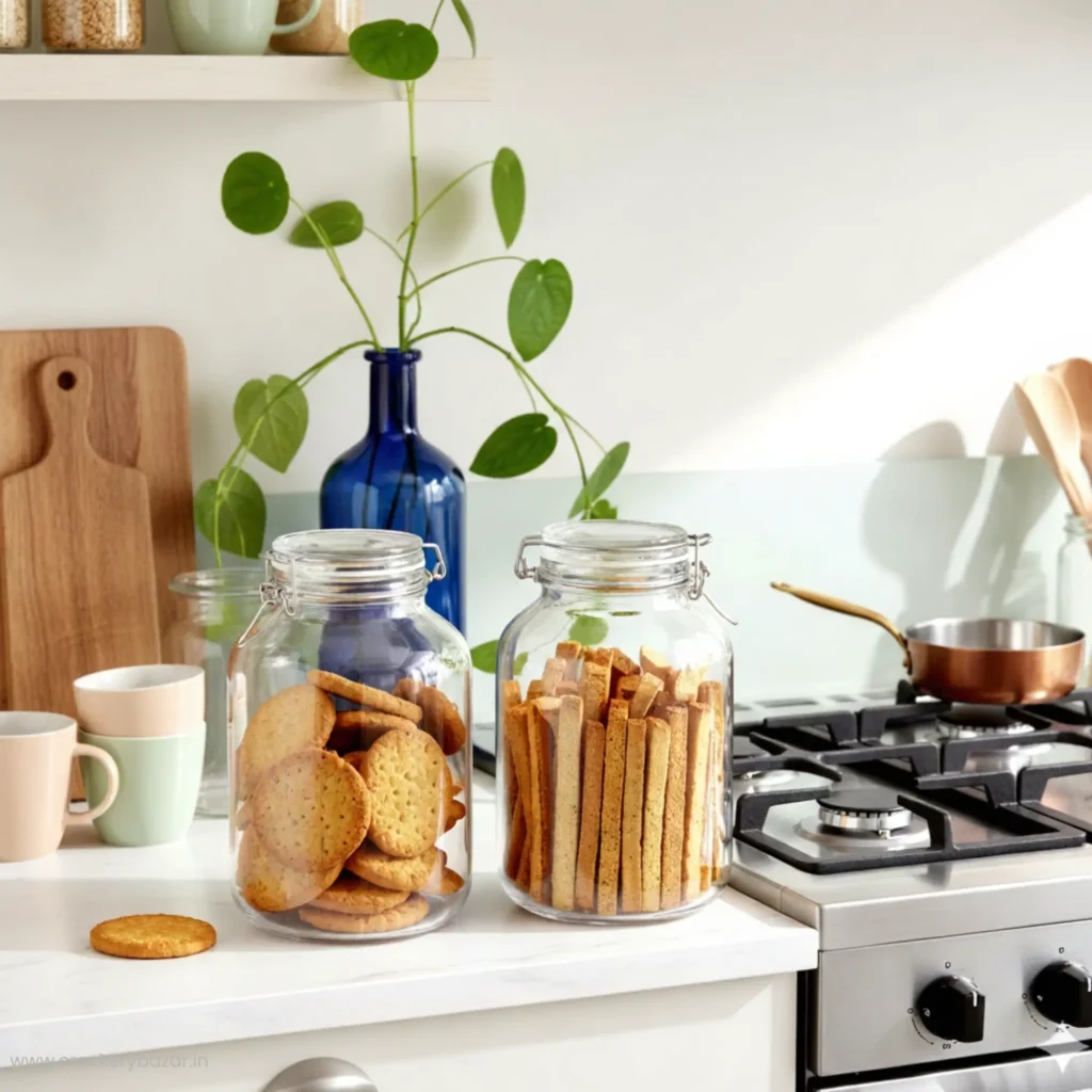 Two Bormioli Rocco Fido 5L jars on a modern kitchen counter filled with traditional biscuits and rusk, next to a stove and blue glass bottle.