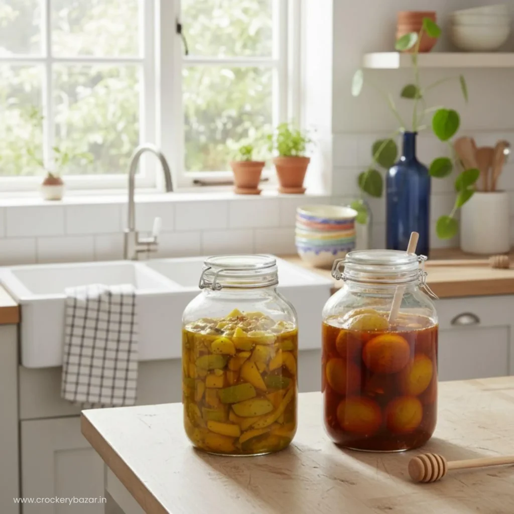 Two Bormioli Rocco Fido 5L jars on a wooden kitchen table filled with traditional green mango pickle and soaked lemons.
