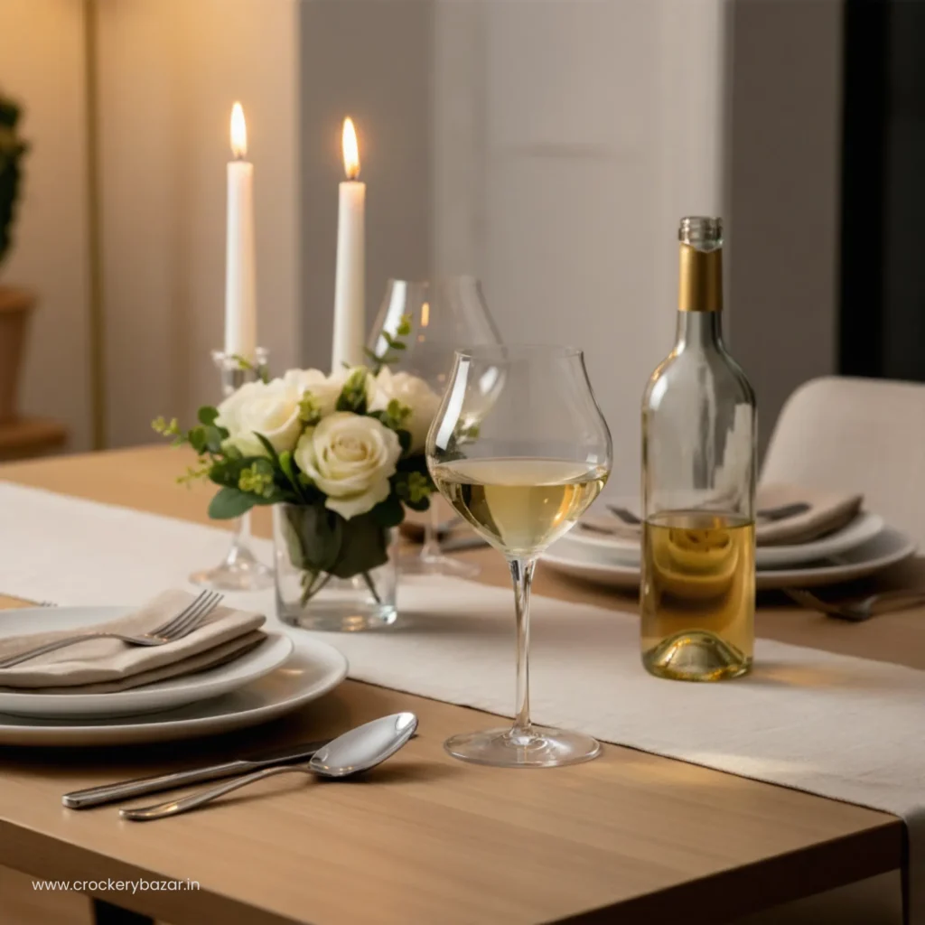 Chilled white wine in a Bormioli Rocco Inalto Arte wine glass on a luxury dinner table.