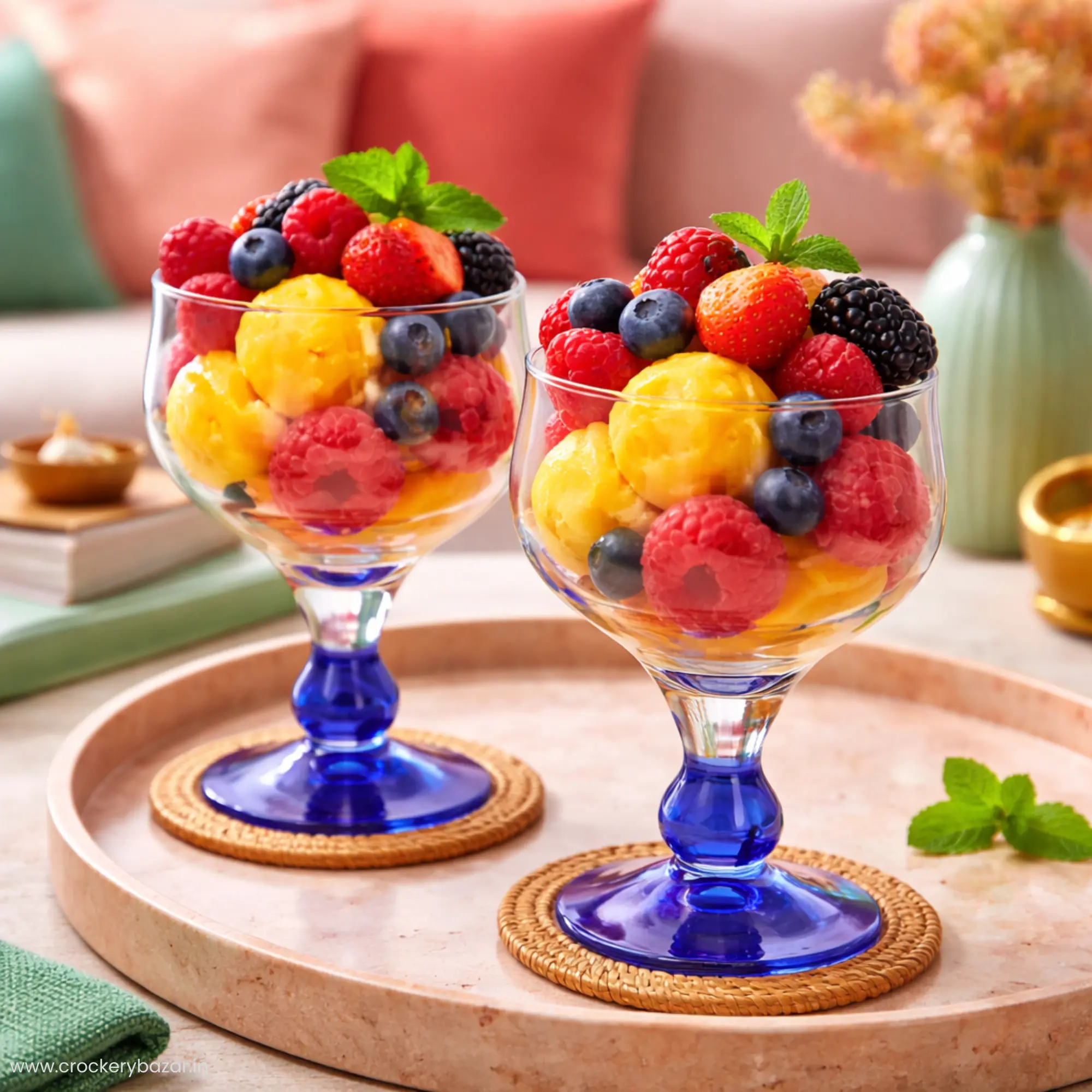 Close up of Bormioli Rocco Minorca bowls on a serving tray with fresh mixed berries.