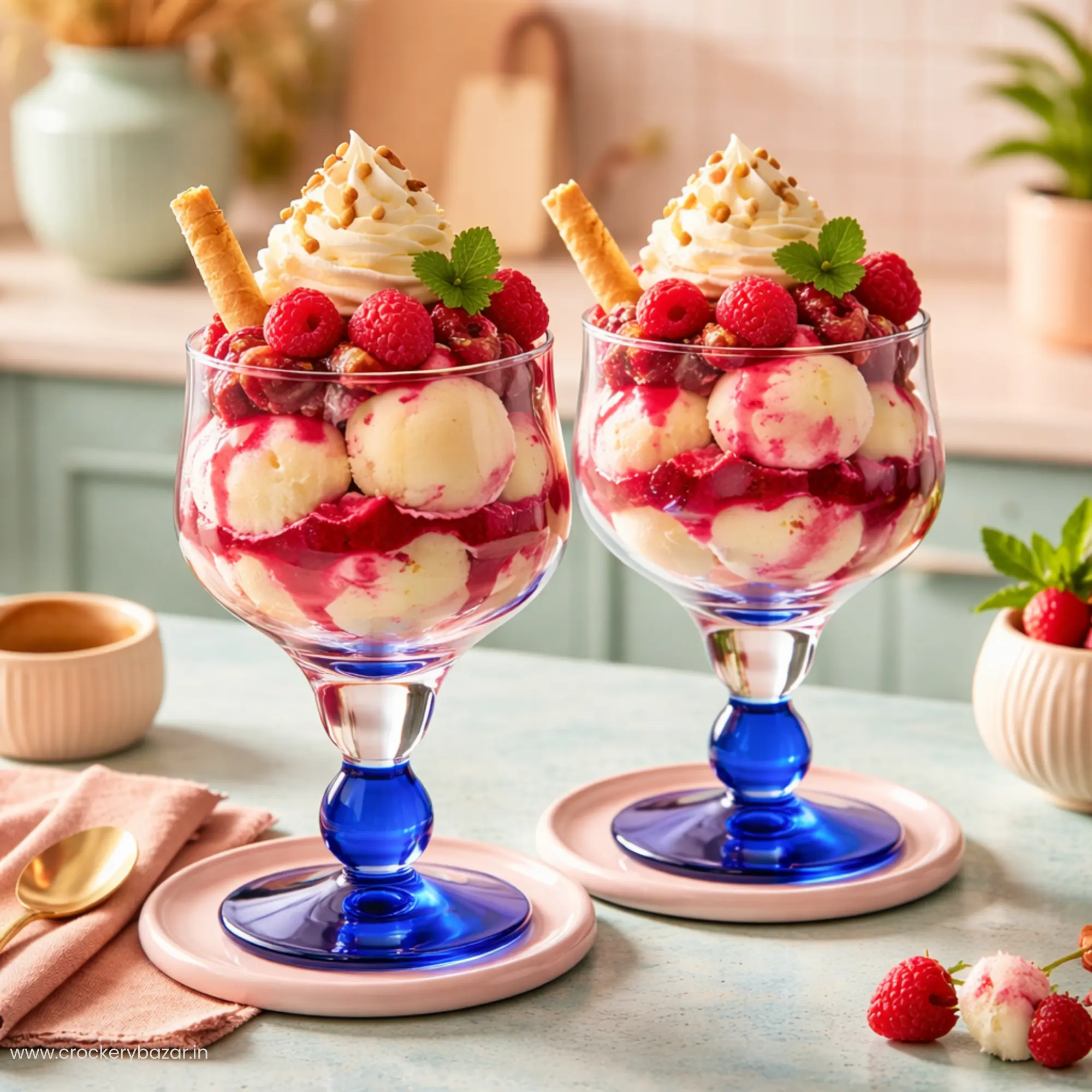 Minorca dessert bowls filled with raspberry sorbet and wafers in a bright kitchen setting.