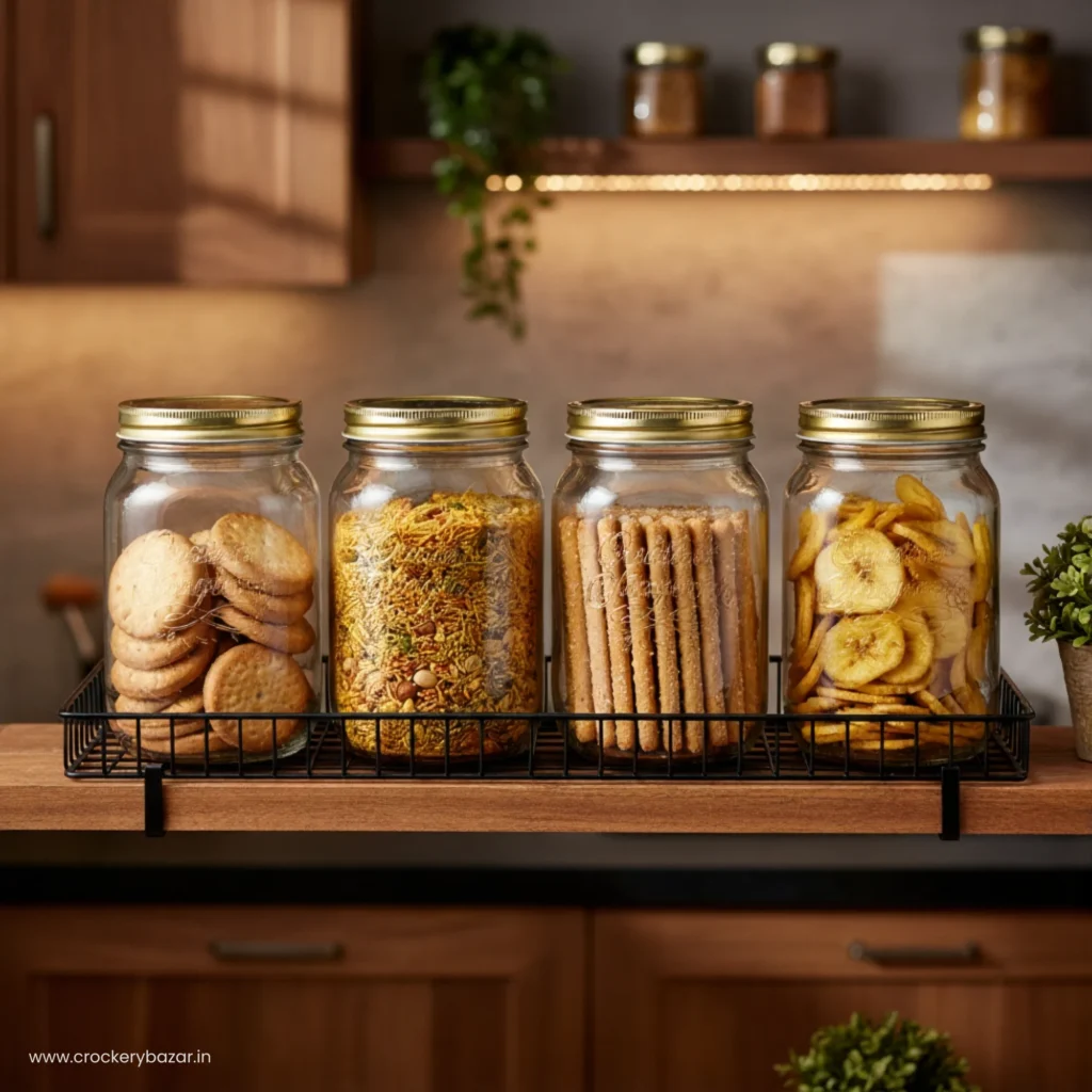 1500ml Bormioli Rocco Quattro Stagioni airtight storage glass jar placed in pantry