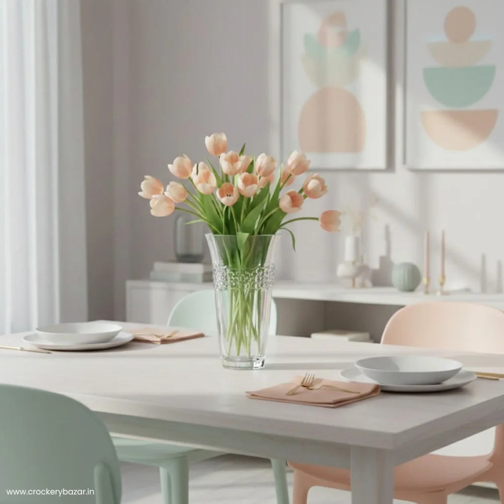 Cristal D'Arques Allure 22cm crystal vase with peach tulips as a centerpiece on a modern white dining table.