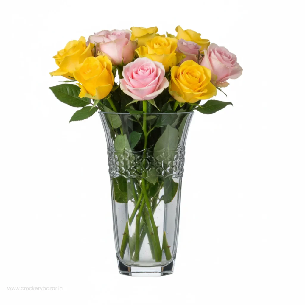 Luxury floral arrangement of pink and yellow roses in a Cristal D'Arques Allure 22cm crystal vase for home decor.