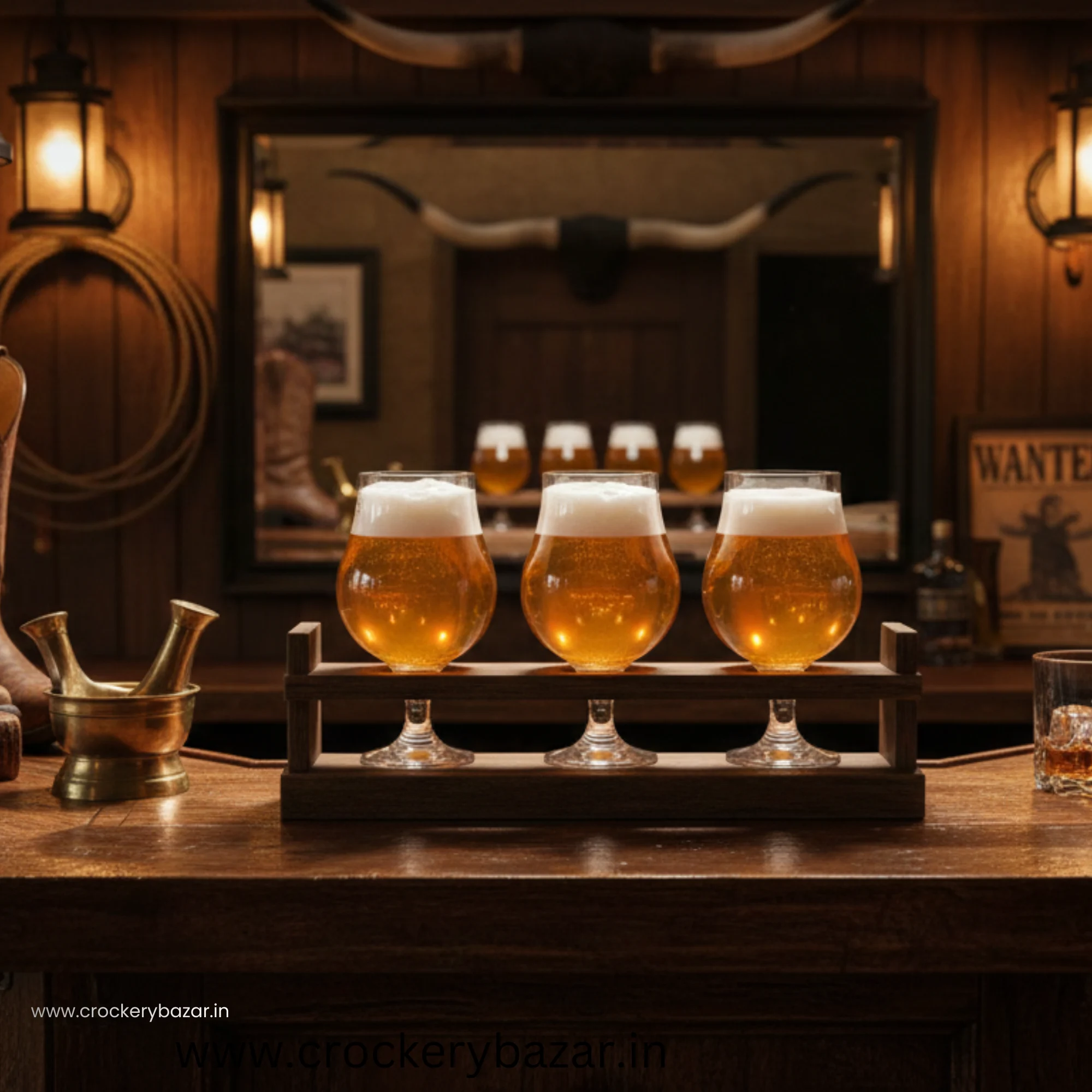 Three Dublin 400ml stemmed beer glasses on a wooden bar counter in a rustic, western-style pub setting.