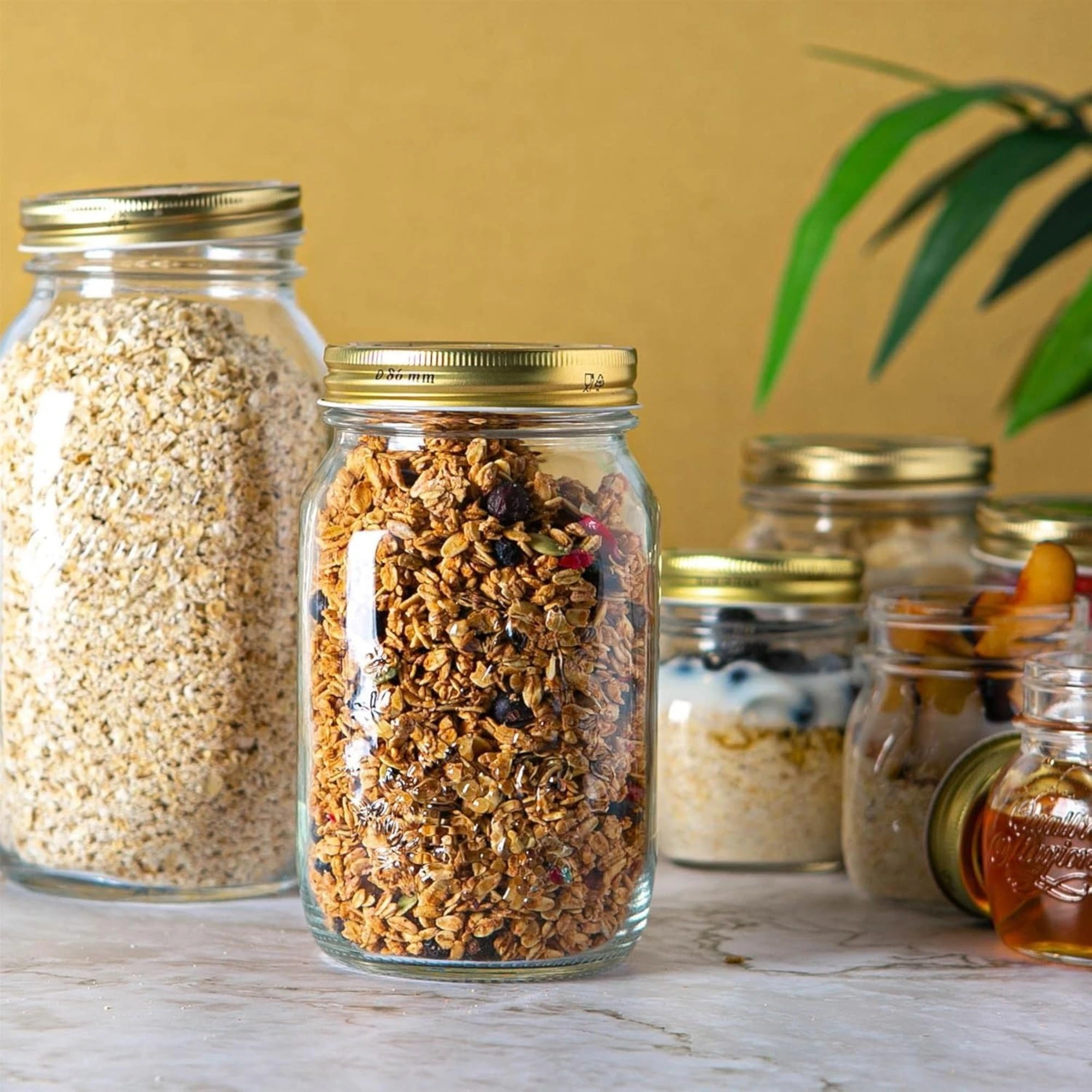 Multiple Bormioli Rocco Quattro Stagioni glass jars filled with oats, granola, and honey & dal for premium kitchen organization.