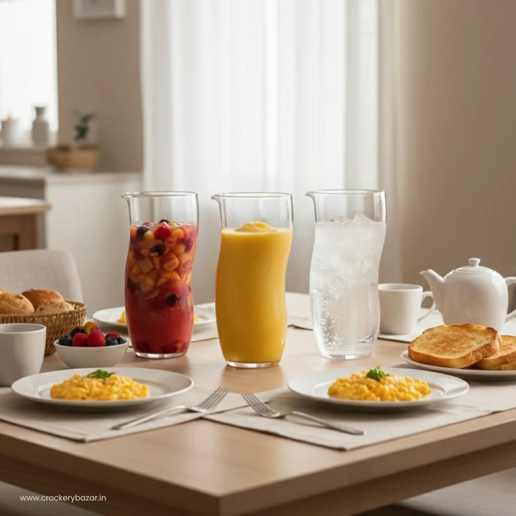 Luminarc Curl 1000ml handle less curvy glass jugs serving juice smoothies and water on a breakfast table