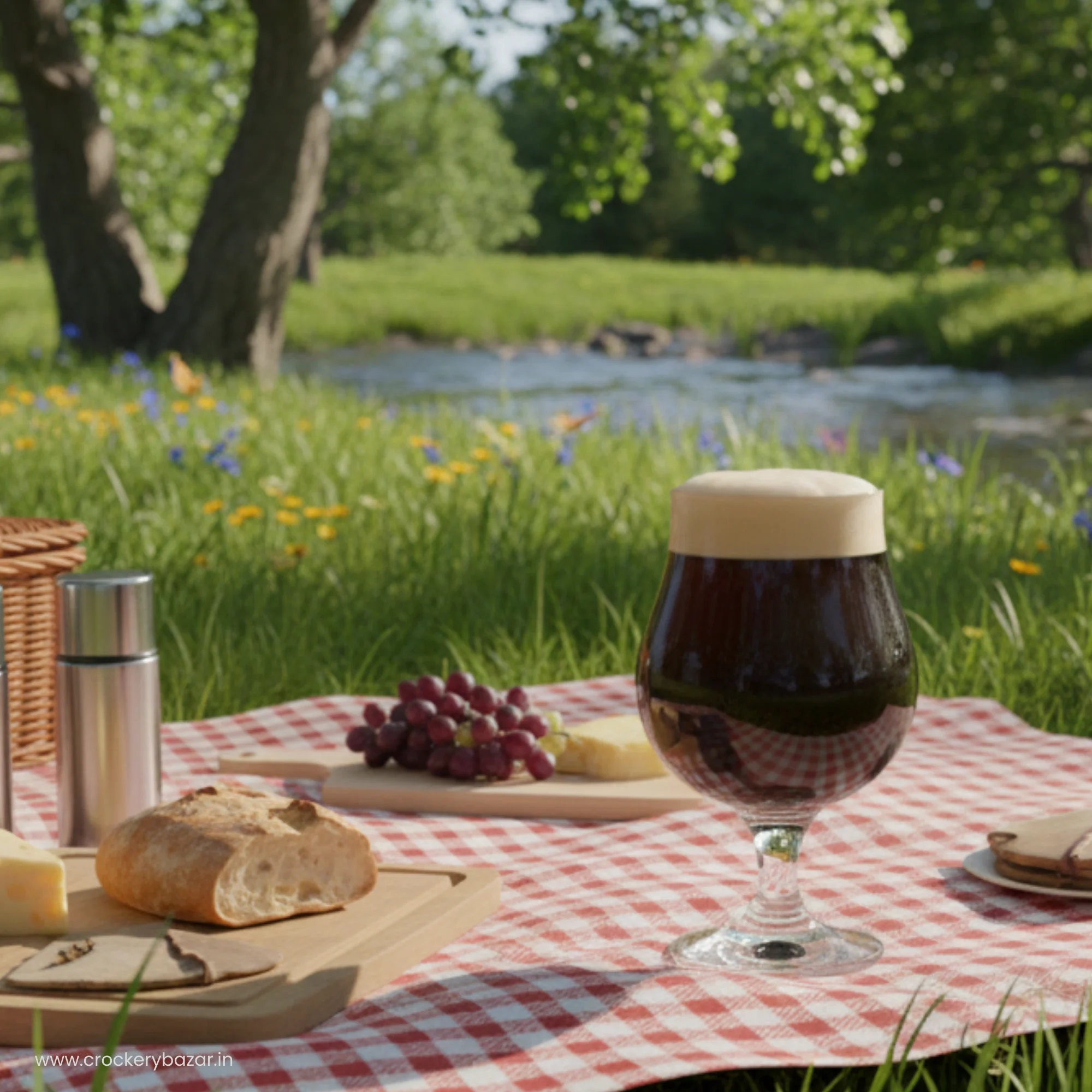 A Dublin 400ml stemmed glass filled with dark beer on a red checkered picnic blanket near a river.