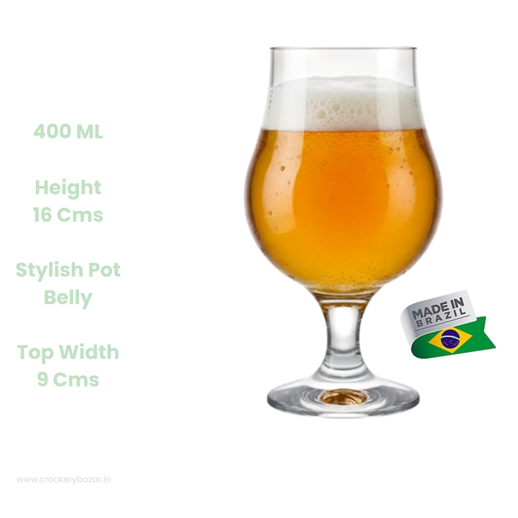 Technical specification image for the Dublin 400ml glass showing 16cm height, 9cm top width, and stylish pot belly design.