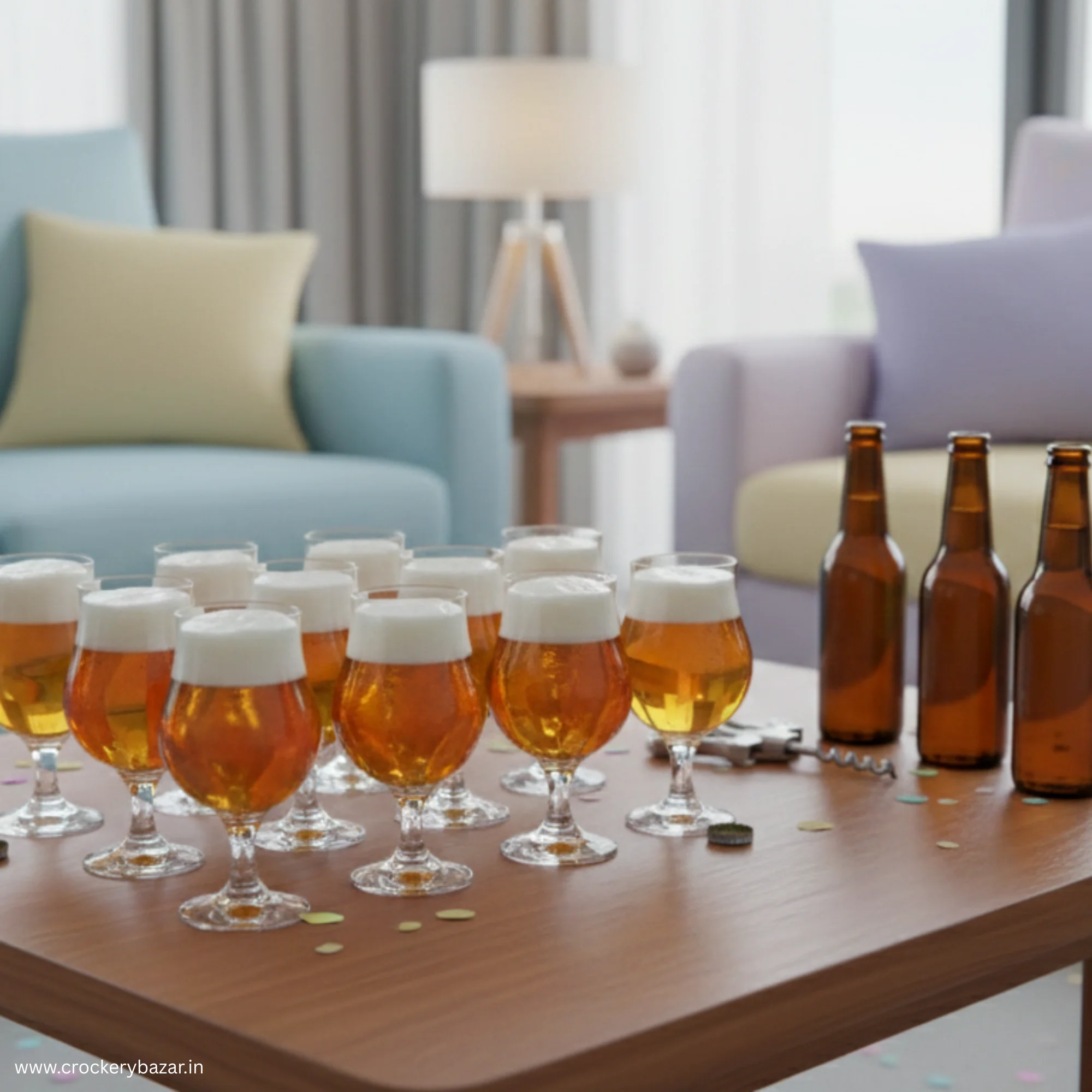 Multiple Dublin 400ml stemmed glasses filled with lager and foam on a wooden table in a modern living room setting.