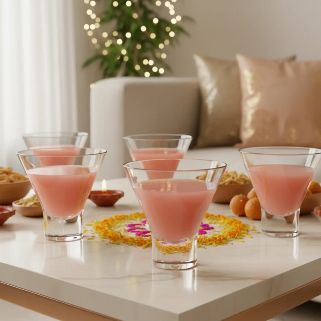 Five Ilhabela glasses filled with pink beverage arranged on a marble table with a floral rangoli and Diwali sweets.