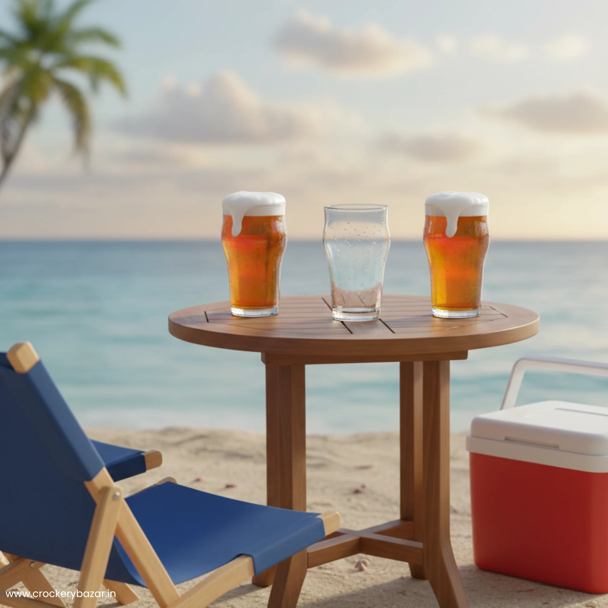 Three Stout pint glasses on a wooden table at the beach, two filled with foaming beer and one empty, next to a cooler.