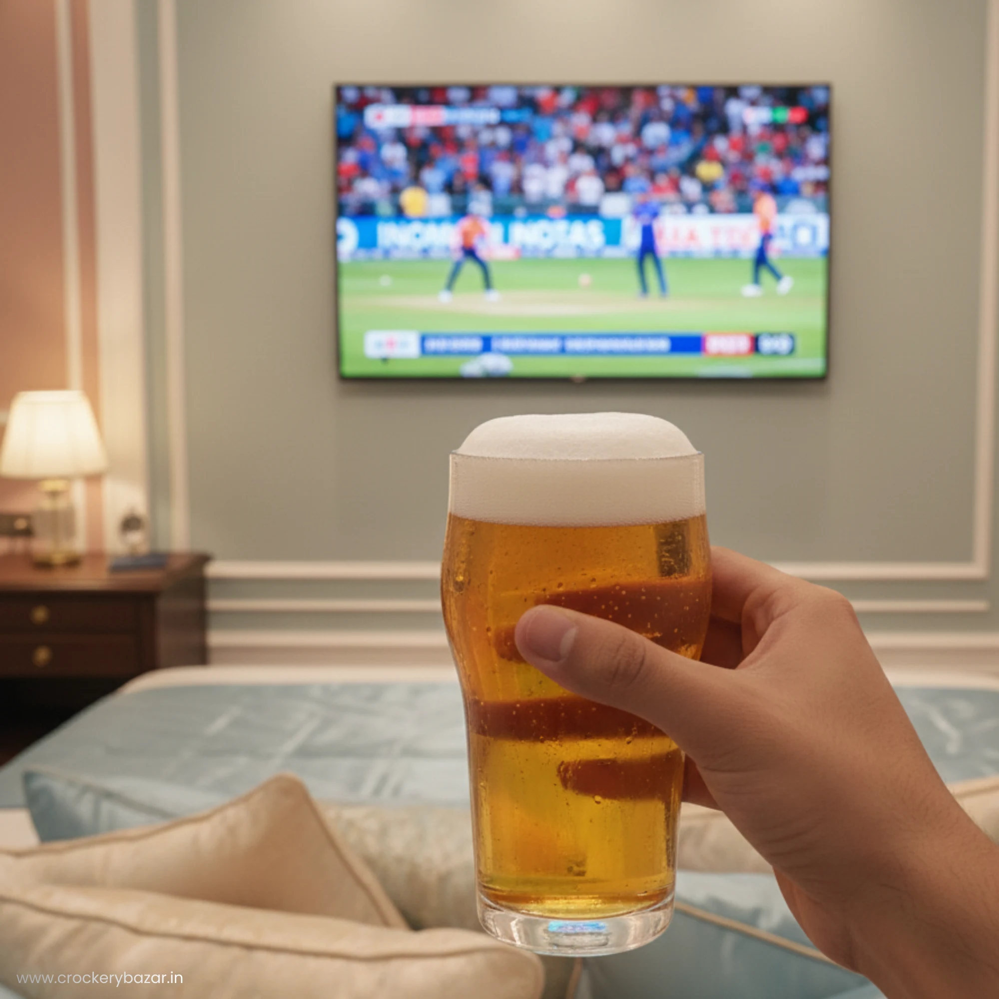 A hand holding a Stout beer glass filled with chilled lager and thick foam in front of a TV showing a live cricket match.
