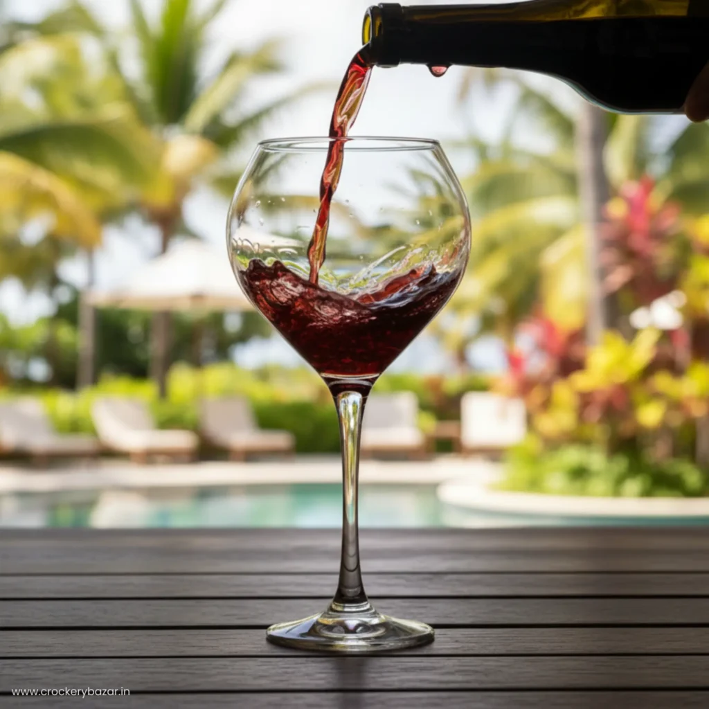 Red wine being poured into a Nadir Prestige 600ml large wine glass in an outdoor poolside setting.
