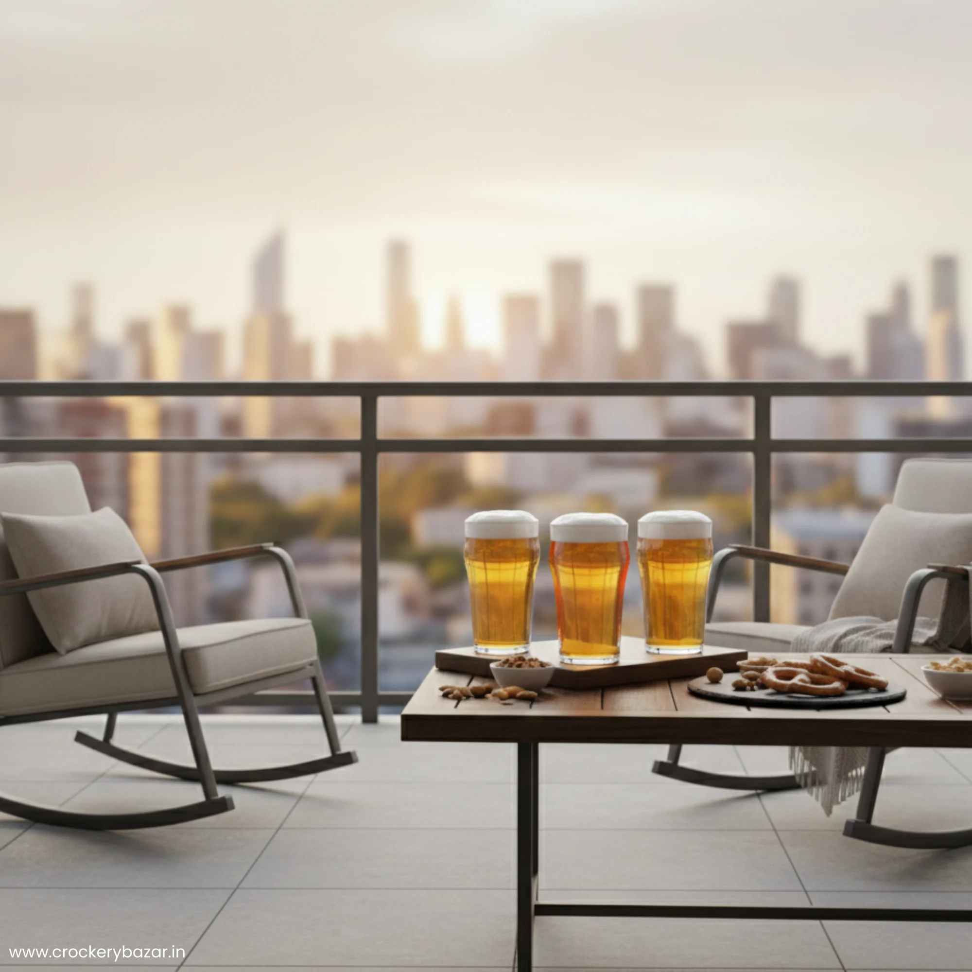 Three Stout beer glasses filled with foaming beer on a wooden table with pretzels on a balcony overlooking a city skyline.