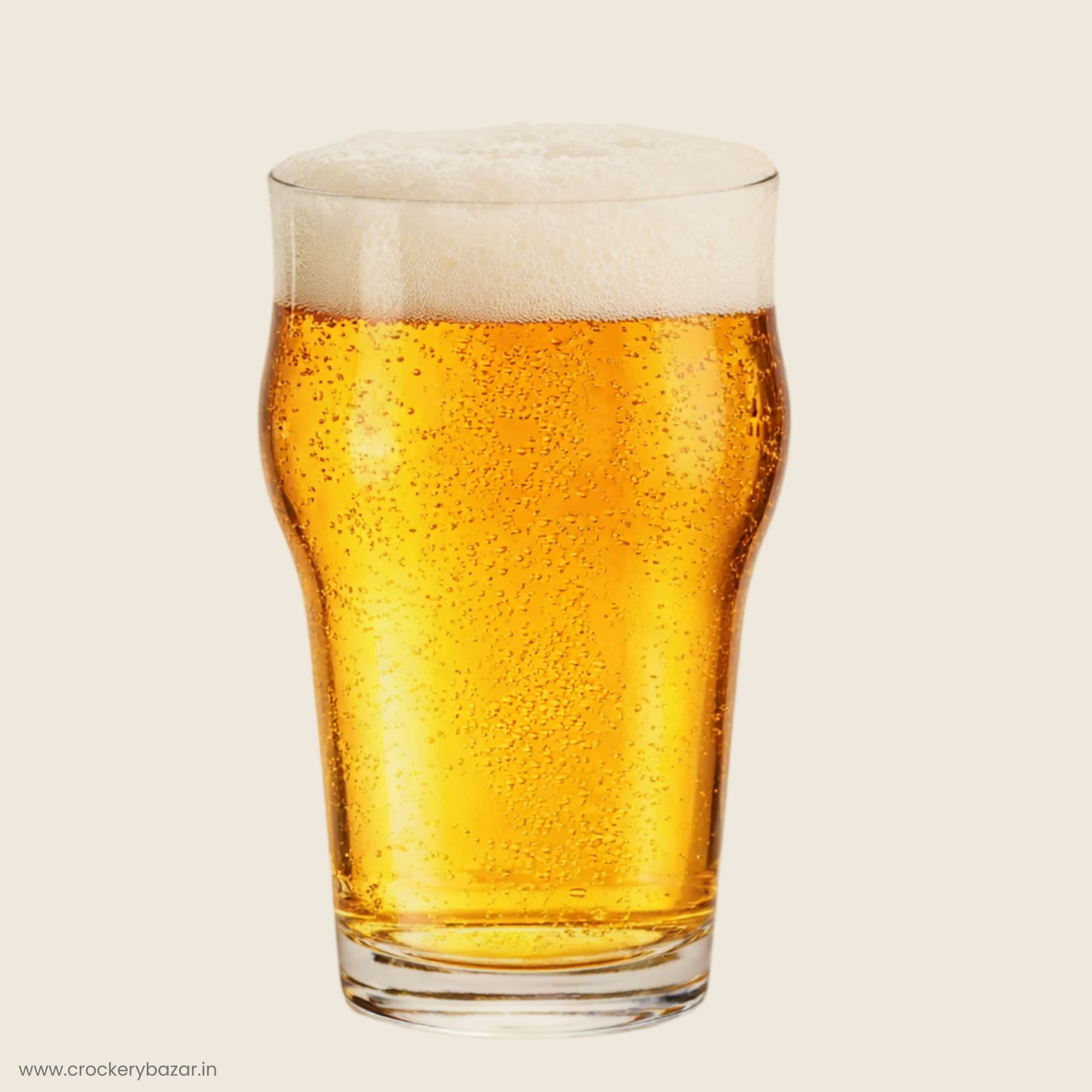 A premium Nadir Stout 473ml pint beer glass with a scientifically designed Nonic curved waist filled with chilled lager and thick foam . Unique beer glasses set of 2