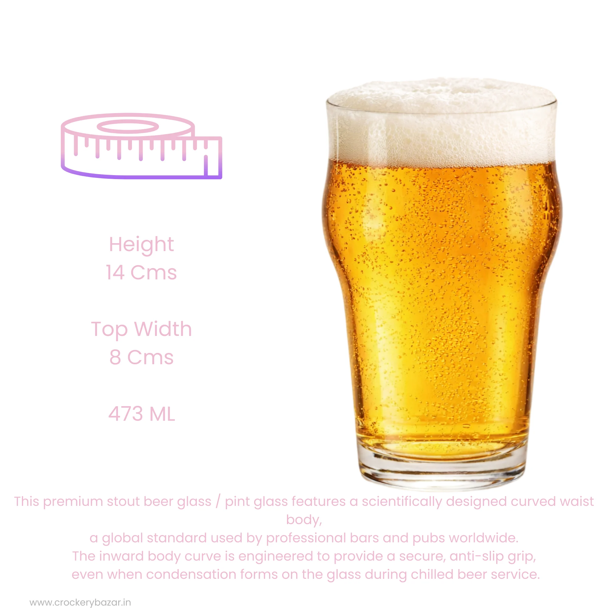 Technical specification image for the Stout beer glass showing 14 cm height, 8 cm top width, and 473 ml capacity.