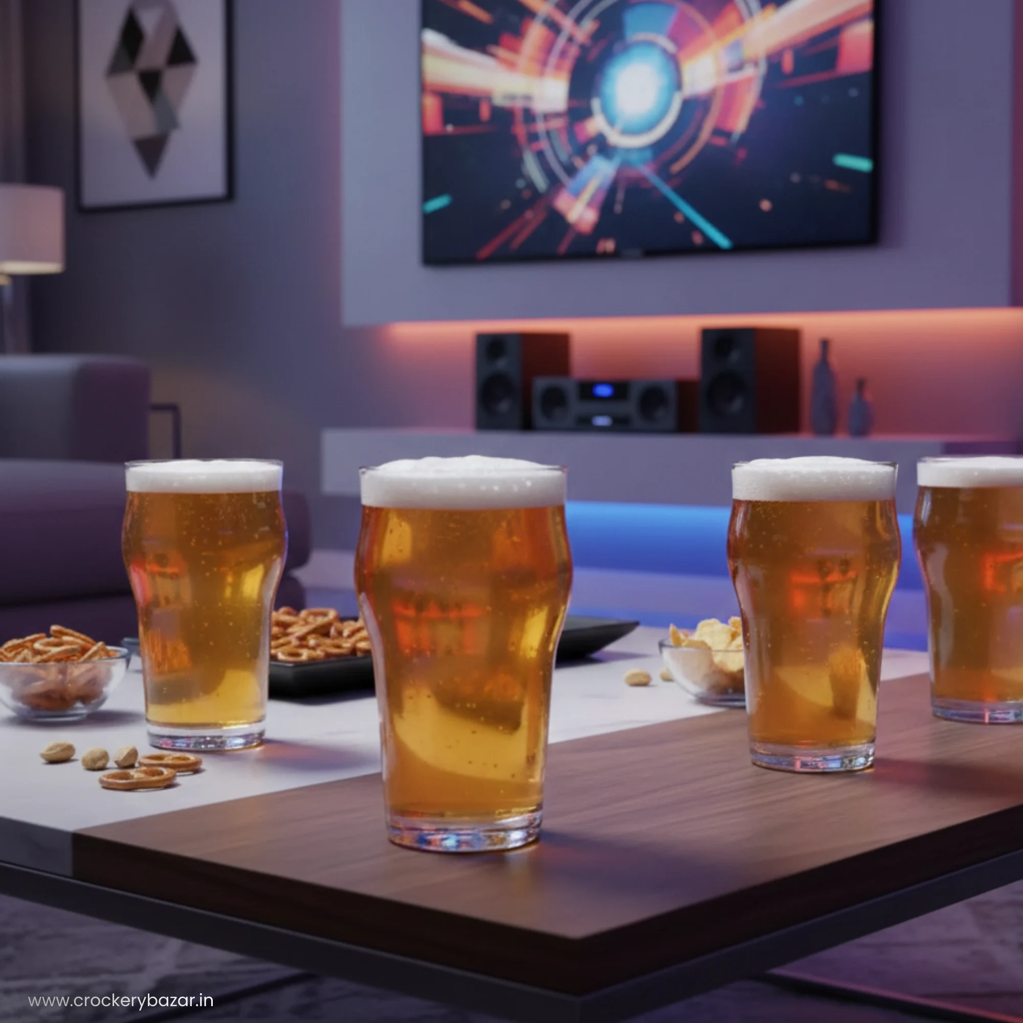 Four Stout pint glasses filled with foaming beer on a wooden coffee table during a home party with snacks.