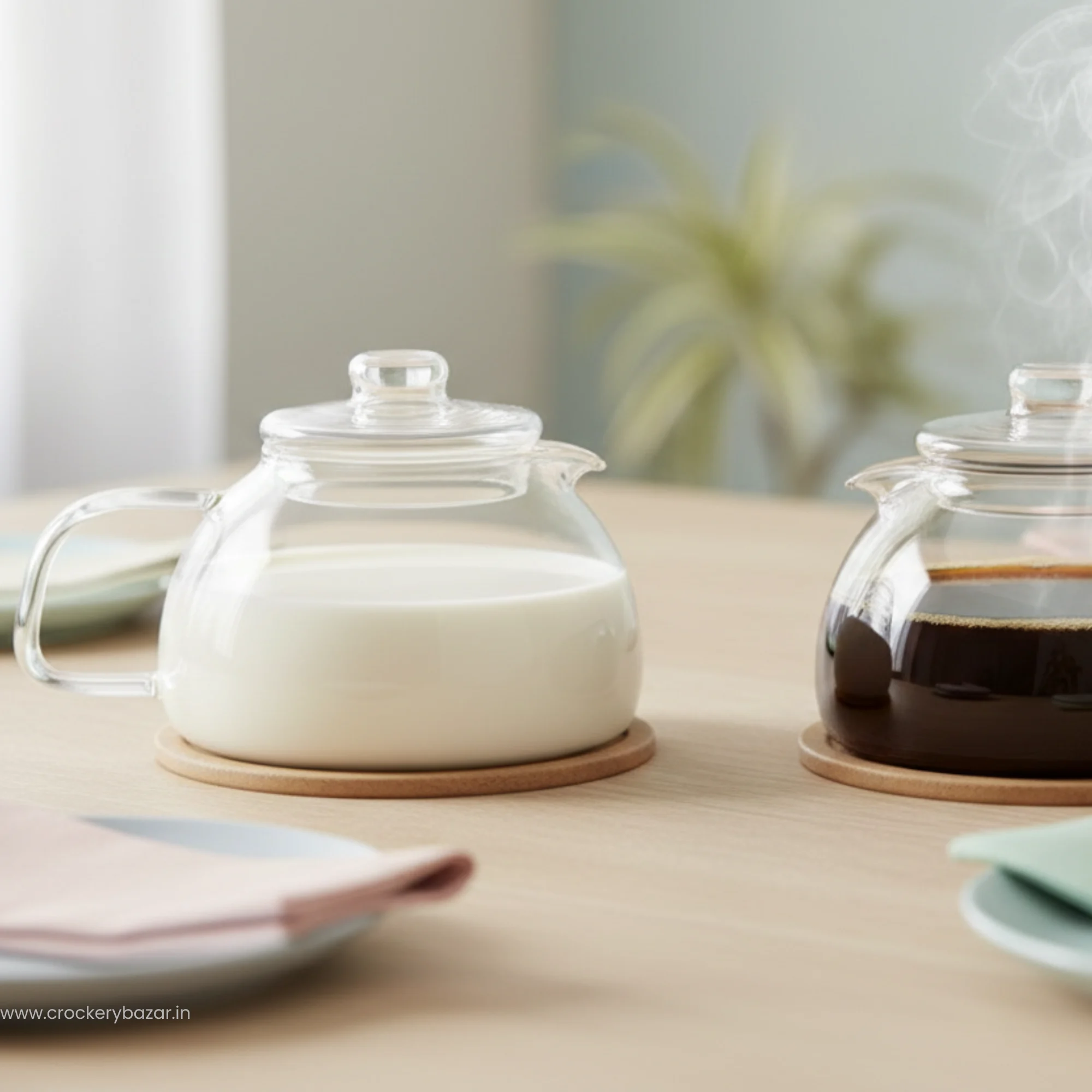Termisil 900ml borosilicate glass carafes serving milk and coffee on dining table.