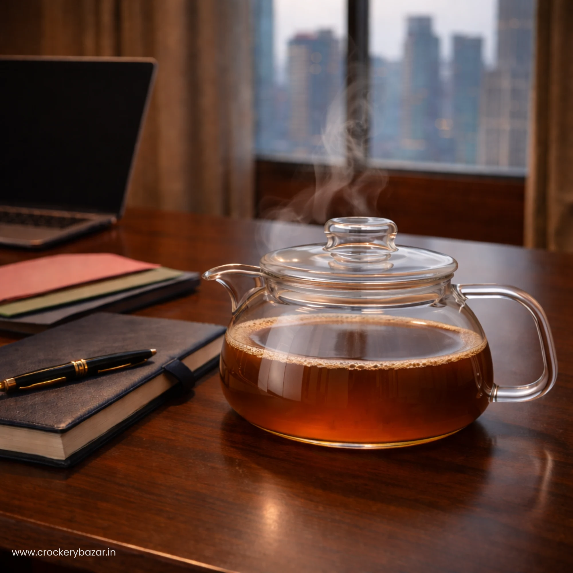 Termisil 900ml glass carafe for black coffee serving in office lifestyle setting.