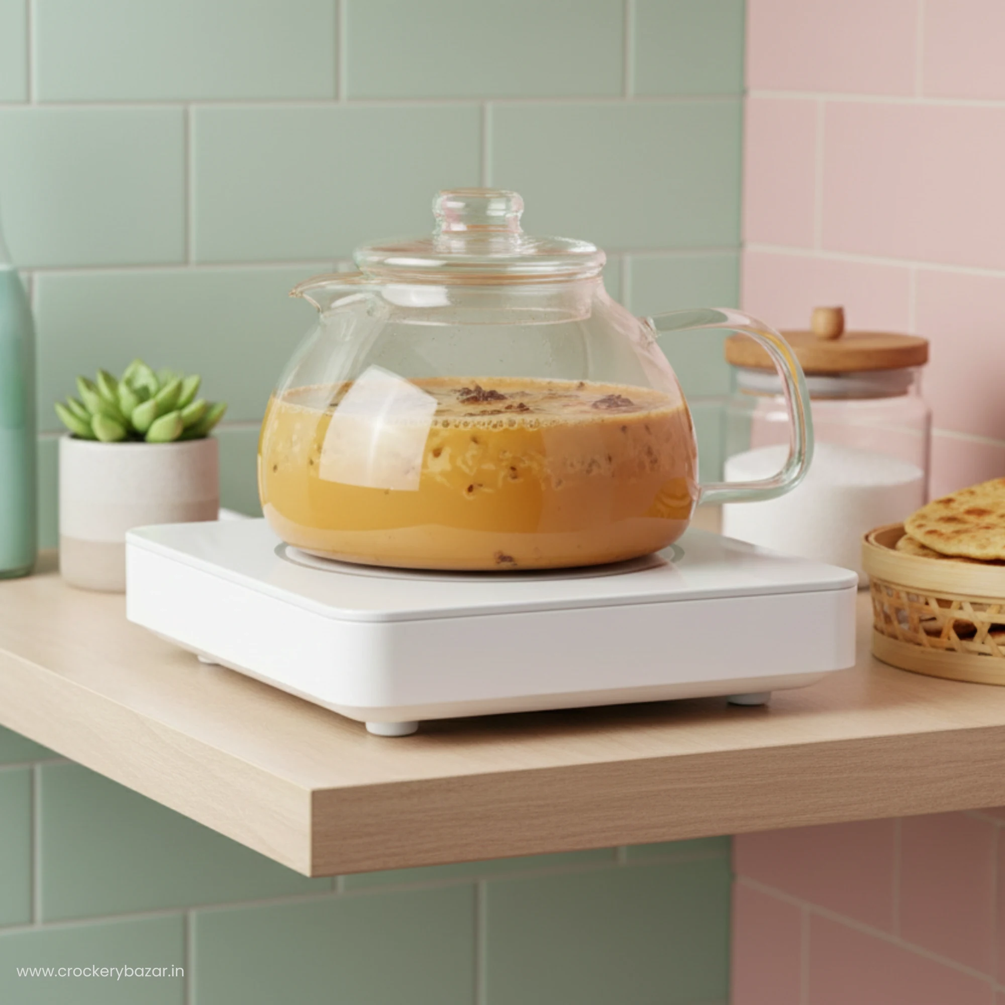 Termisil 900ml borosilicate glass carafe on hotplate for chai serving.