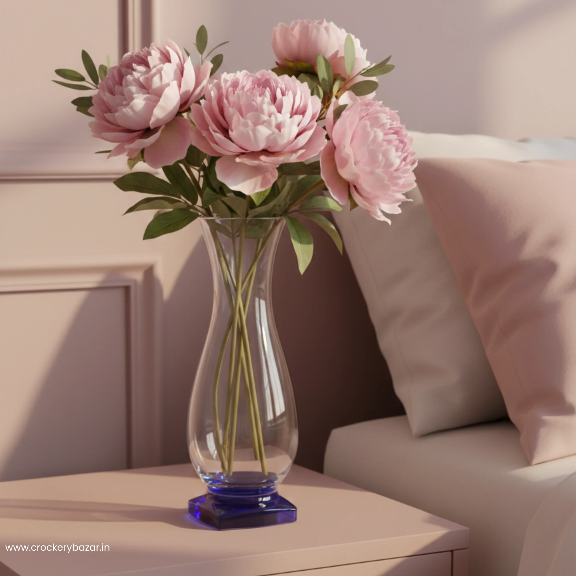 Bormioli Rocco Isbisco glass vase for living room or bedroom on a wooden side table