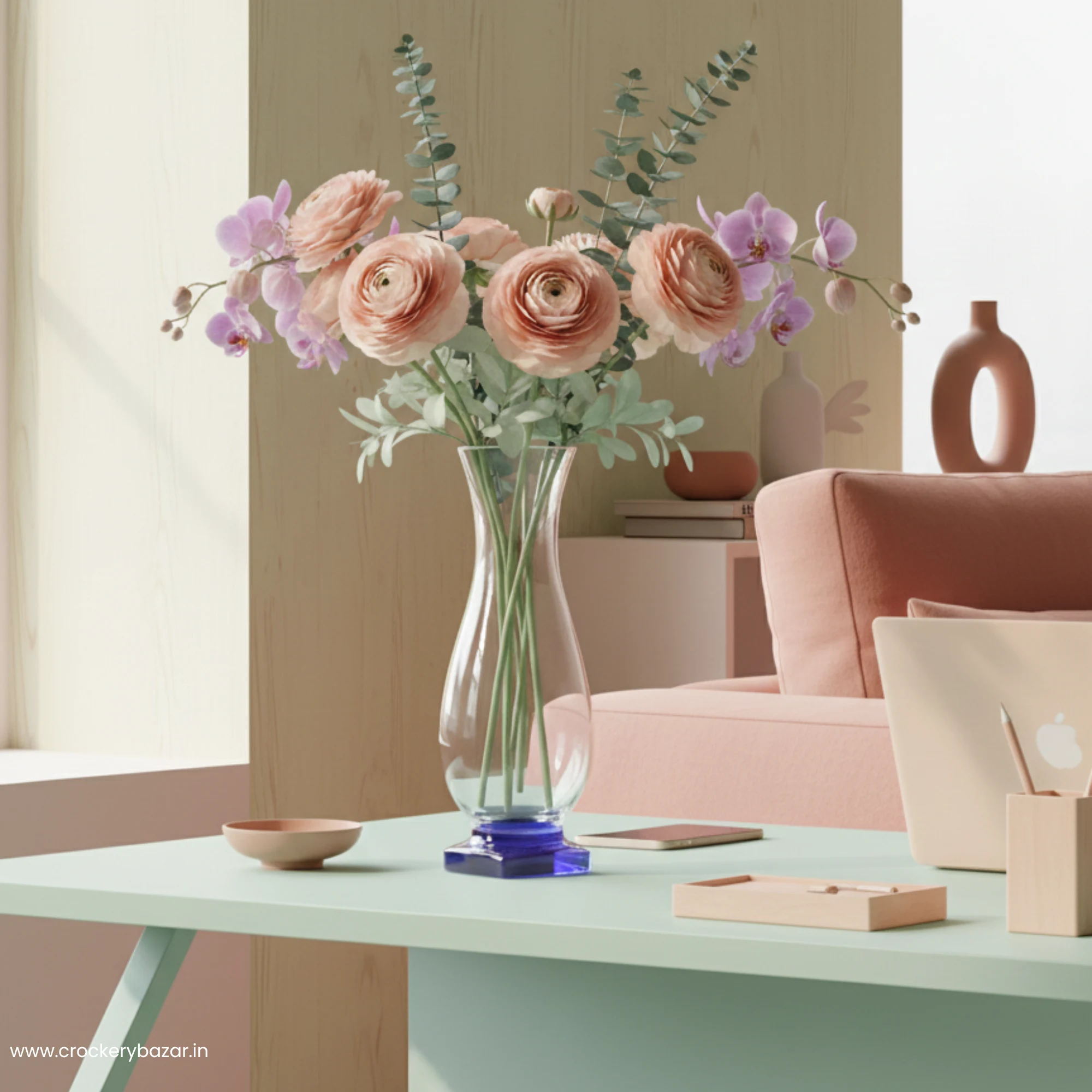 Bormioli Rocco Isbisco glass vase with flowers on a modern side table