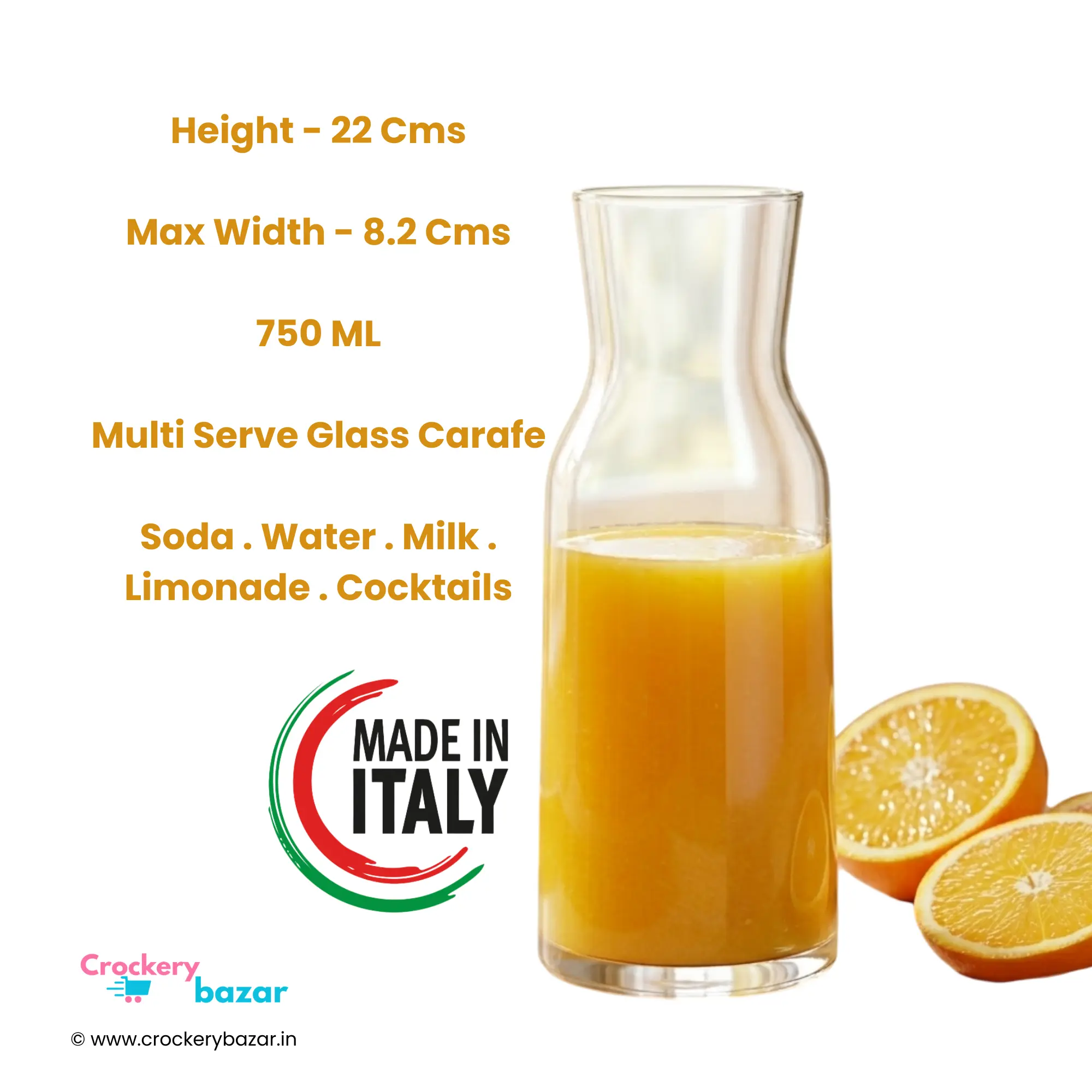 echnical size chart for Bormioli Rocco 750ml glass carafe showing 22cm height and 8.2cm width, sold by Crockery Bazar.