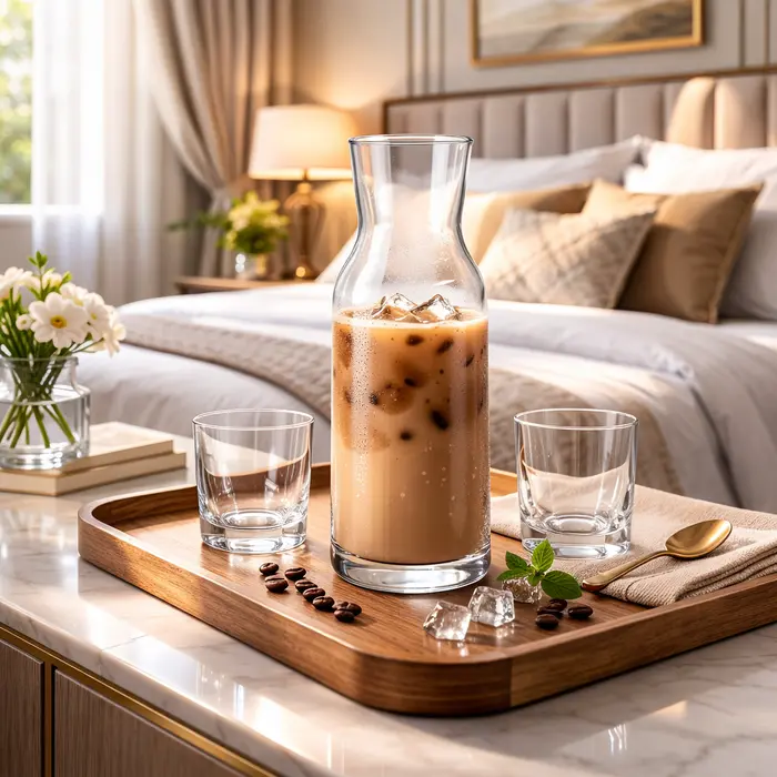 Bormioli Rocco Aquaria 750ml glass carafe with iced coffee and water glasses on a bedside tray.