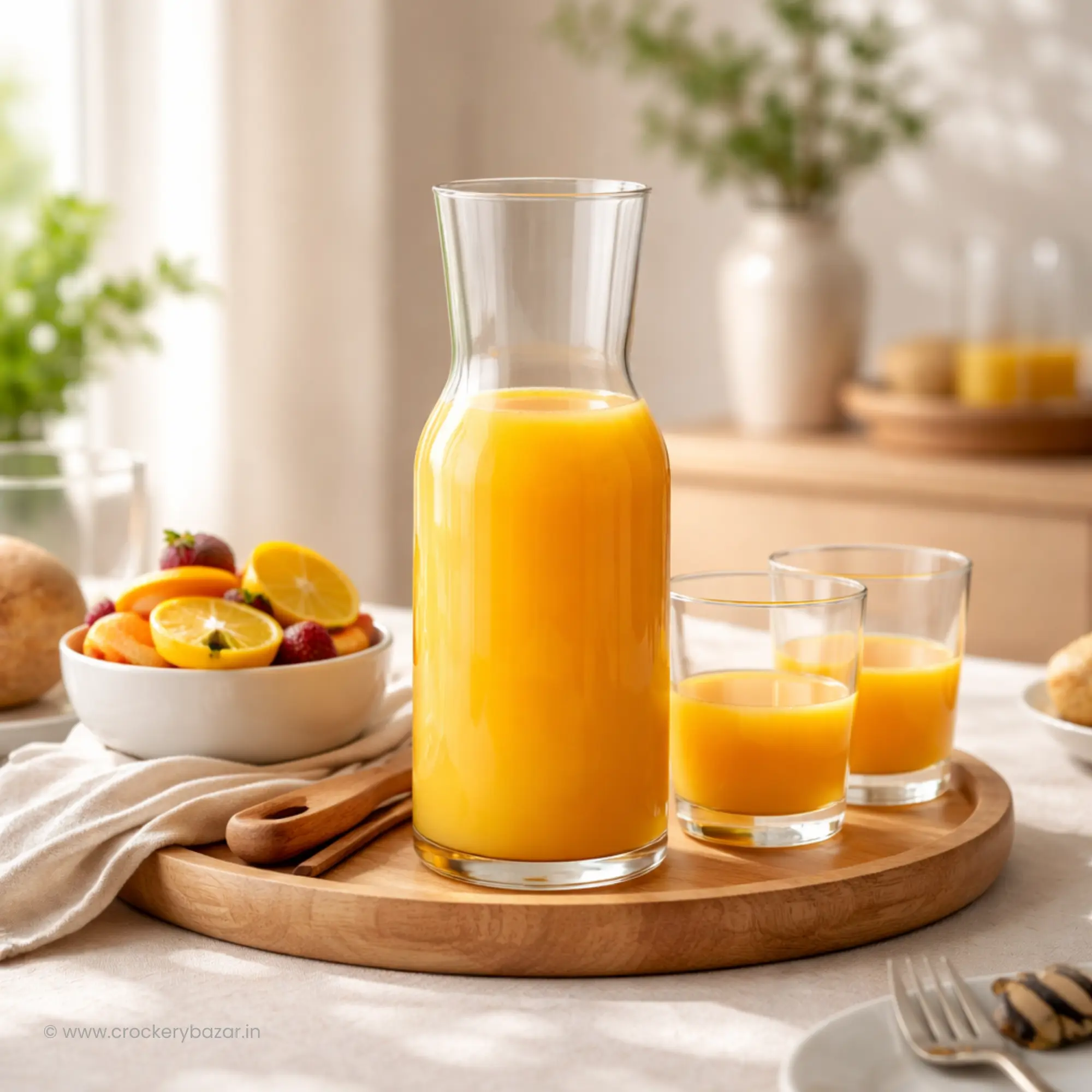Bormioli Rocco Aquaria 750ml glass carafe for juice served on a wooden breakfast tray with fresh fruit.