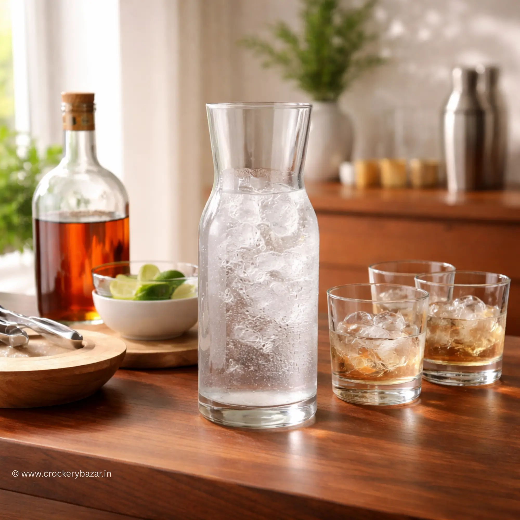 Bormioli Rocco Aquaria 750ml carafe glass filled with sparkling water and ice on a wooden home bar with whiskey glasses.