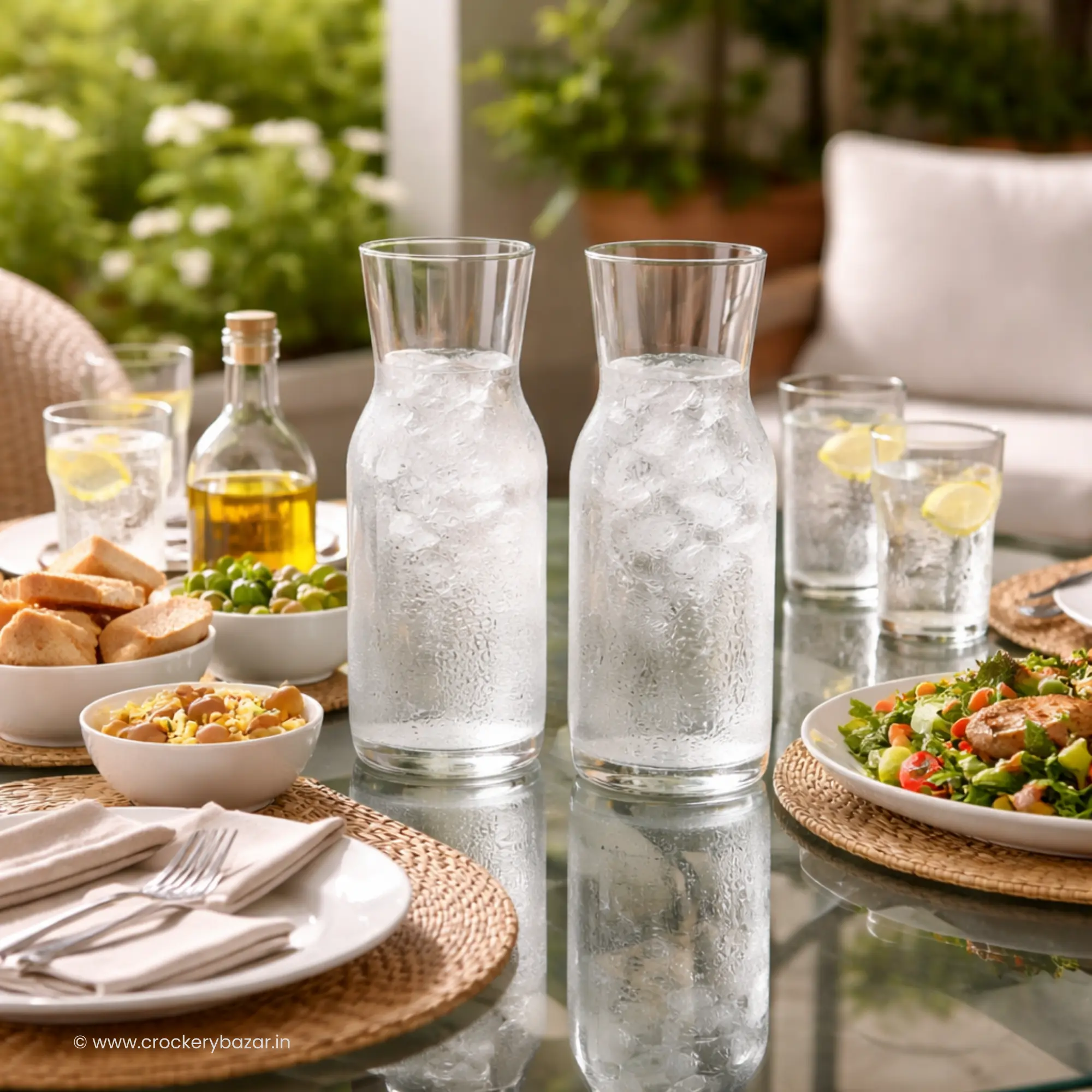 Two Bormioli Rocco Aquaria 750ml glass carafes with iced water on a set lunch table outdoors.
