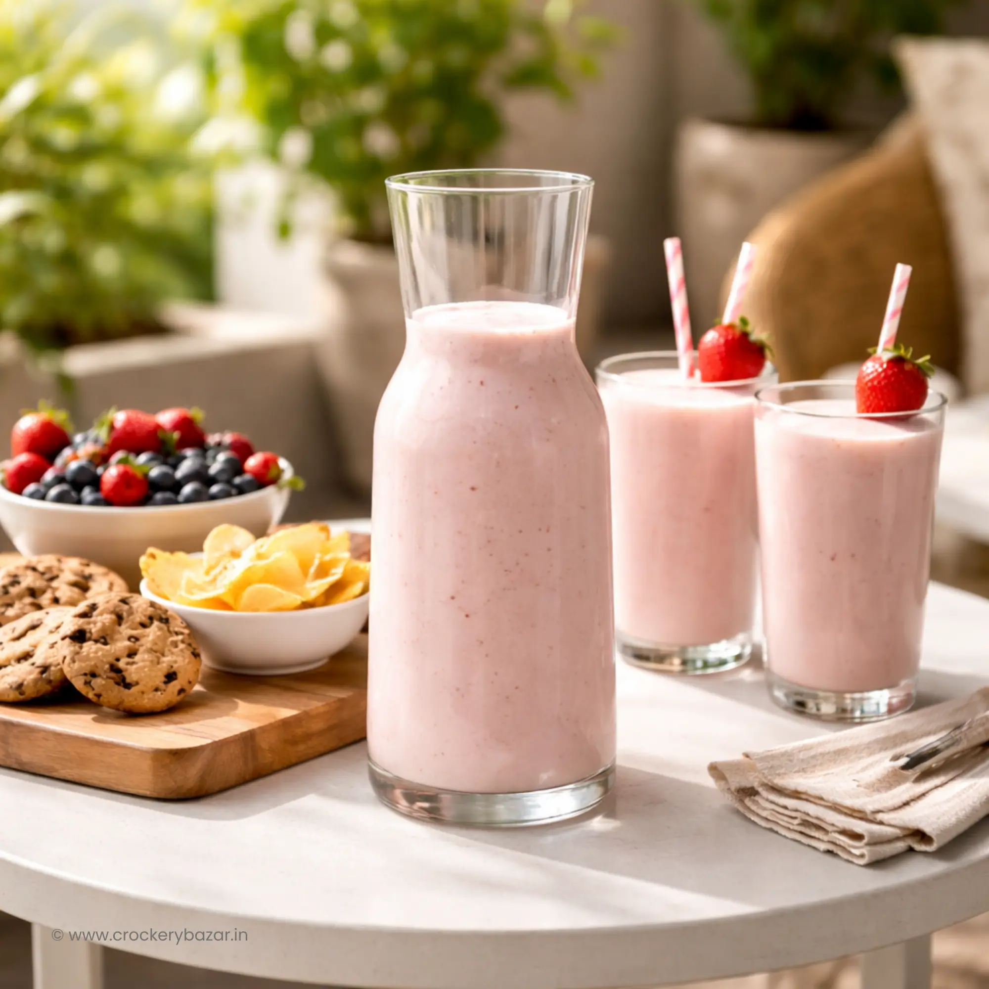 Bormioli Rocco Aquaria 750ml glass carafe for juice and shakes served on an outdoor patio table.