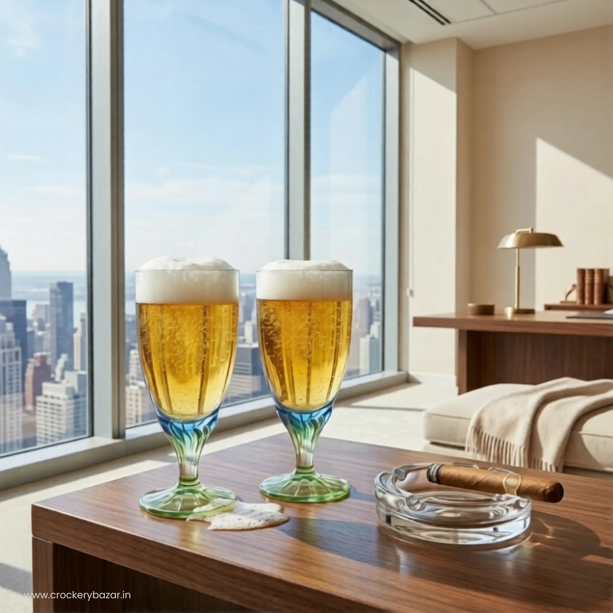 Two Bormioli Rocco Bahia 540ml beer glasses on a desk with a city skyline view